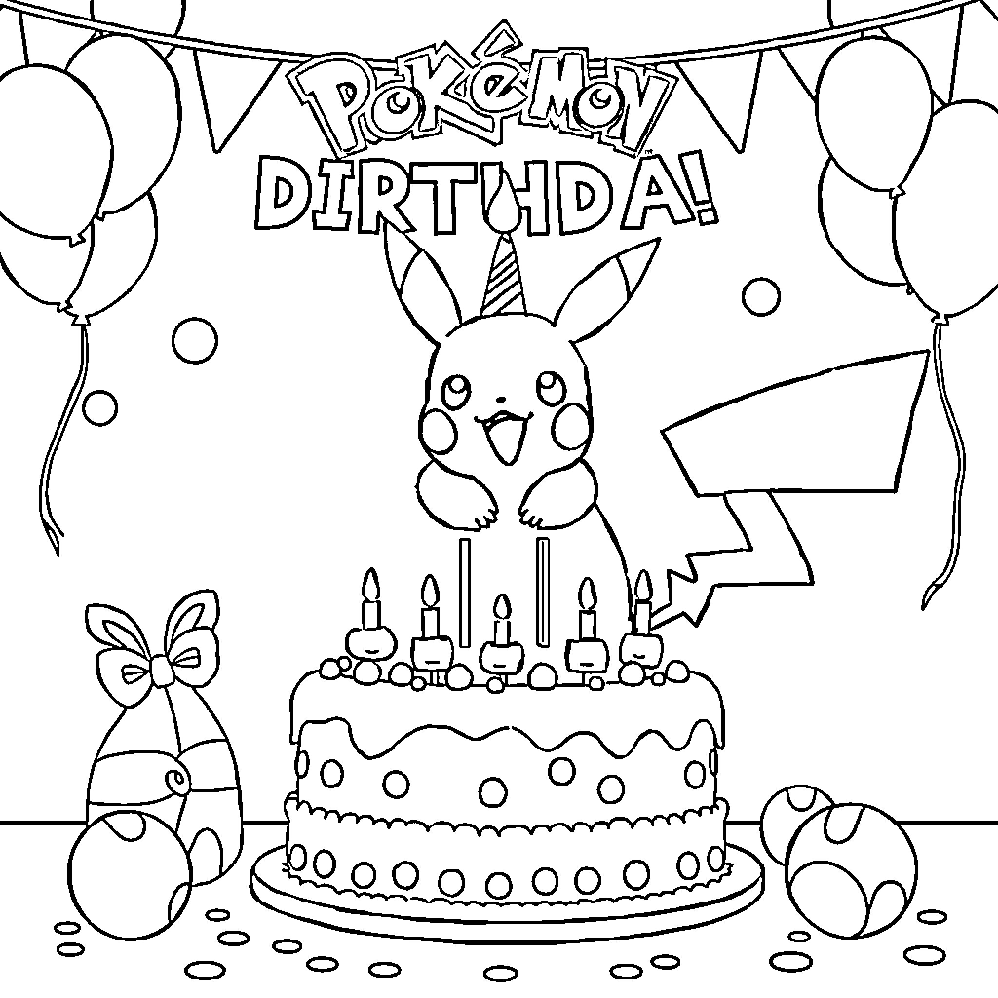 Pokémon Birthday Celebration with Cake and Pikachu Coloring Page (free black-and-white line drawing printable PDF for all, from beginners to advanced learners, including children, teens, adults, and seniors)