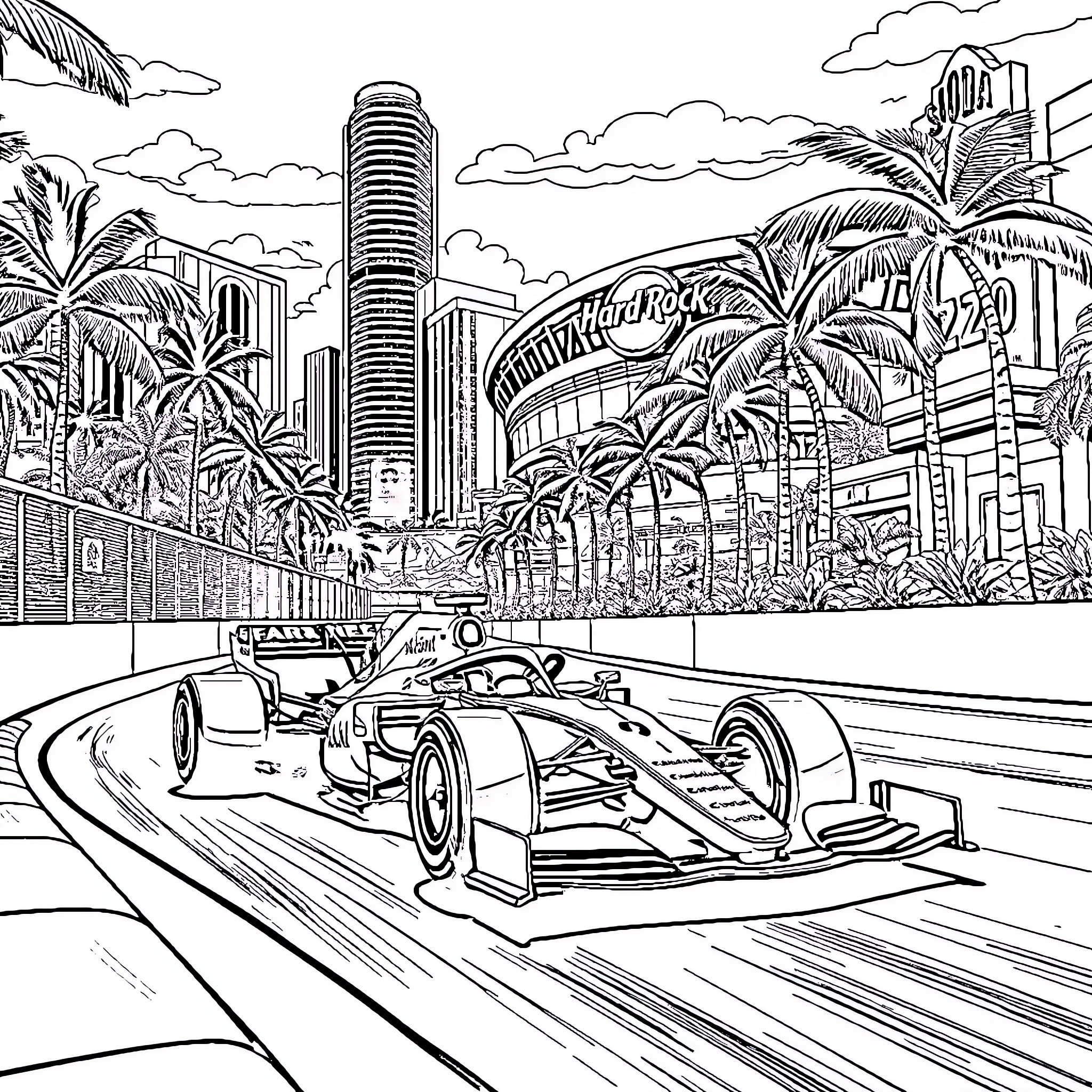 Formula 1 Race Through Tropical City Skyline Coloring Page (free black-and-white line drawing printable PDF for all, from beginners to advanced learners, including children, teens, adults, and seniors)