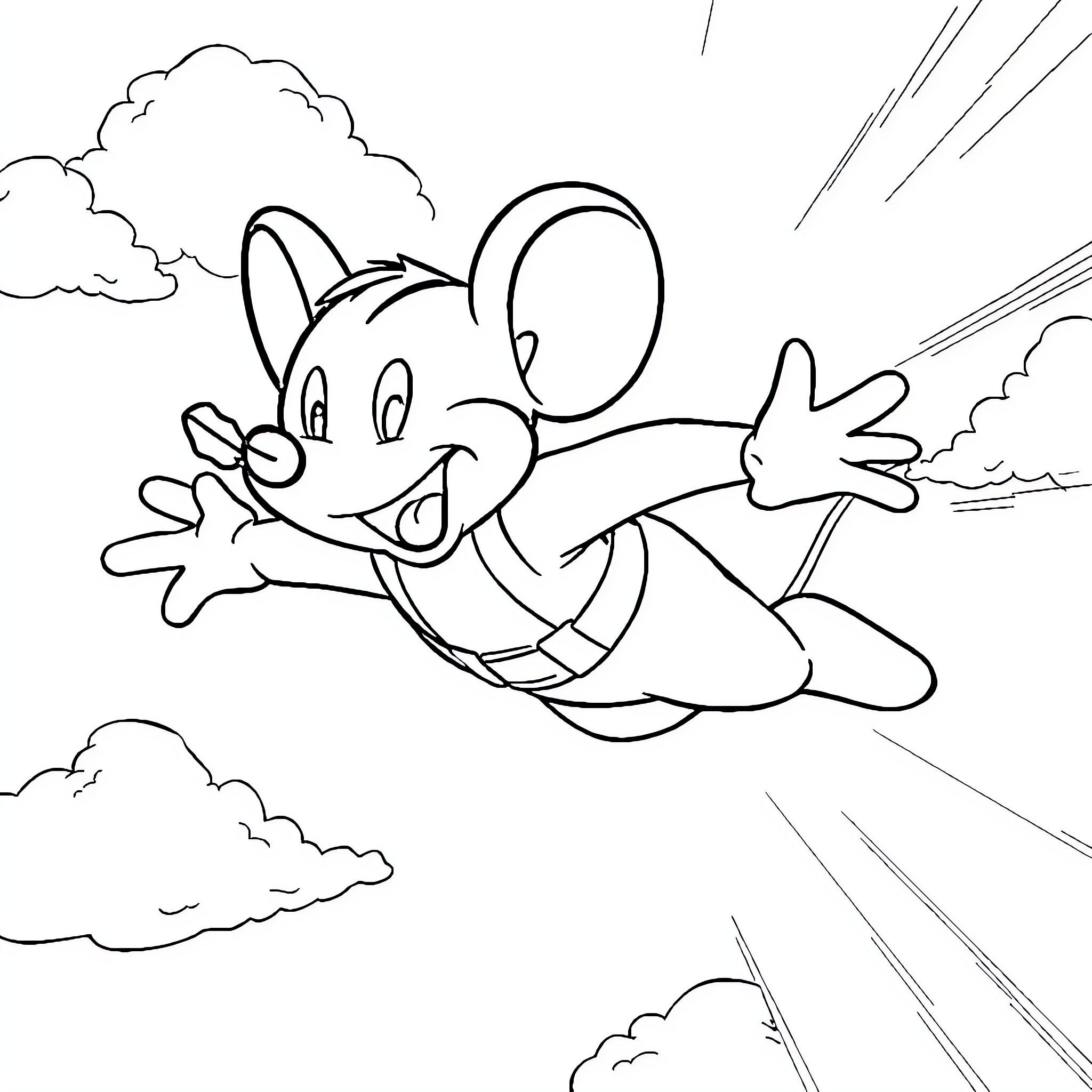 Mighty Mouse soaring through the sky Coloring Page (free black-and-white line drawing printable PDF for all, from beginners to advanced learners, including children, teens, adults, and seniors)