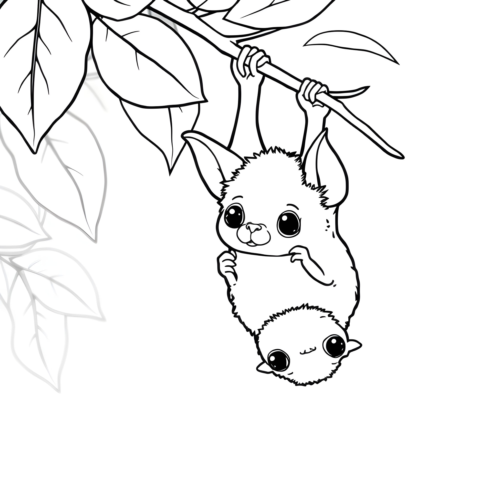 Bat friends hanging upside down in the foliage Coloring Page (free black-and-white line drawing printable PDF for all, from beginners to advanced learners, including children, teens, adults, and seniors)