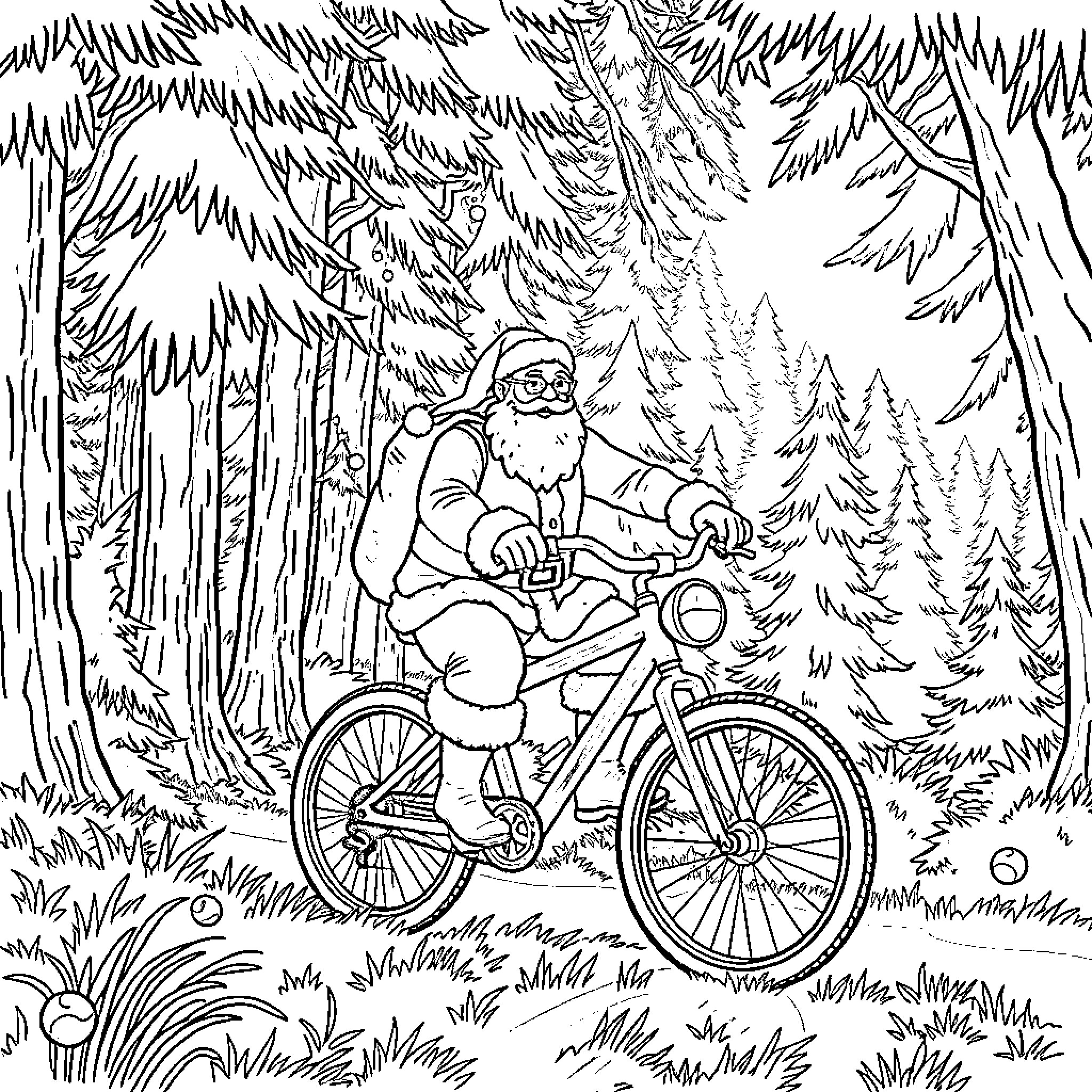 Santa riding bicycle in the snowy forest Coloring Page (free black-and-white line drawing printable PDF for all, from beginners to advanced learners, including children, teens, adults, and seniors)