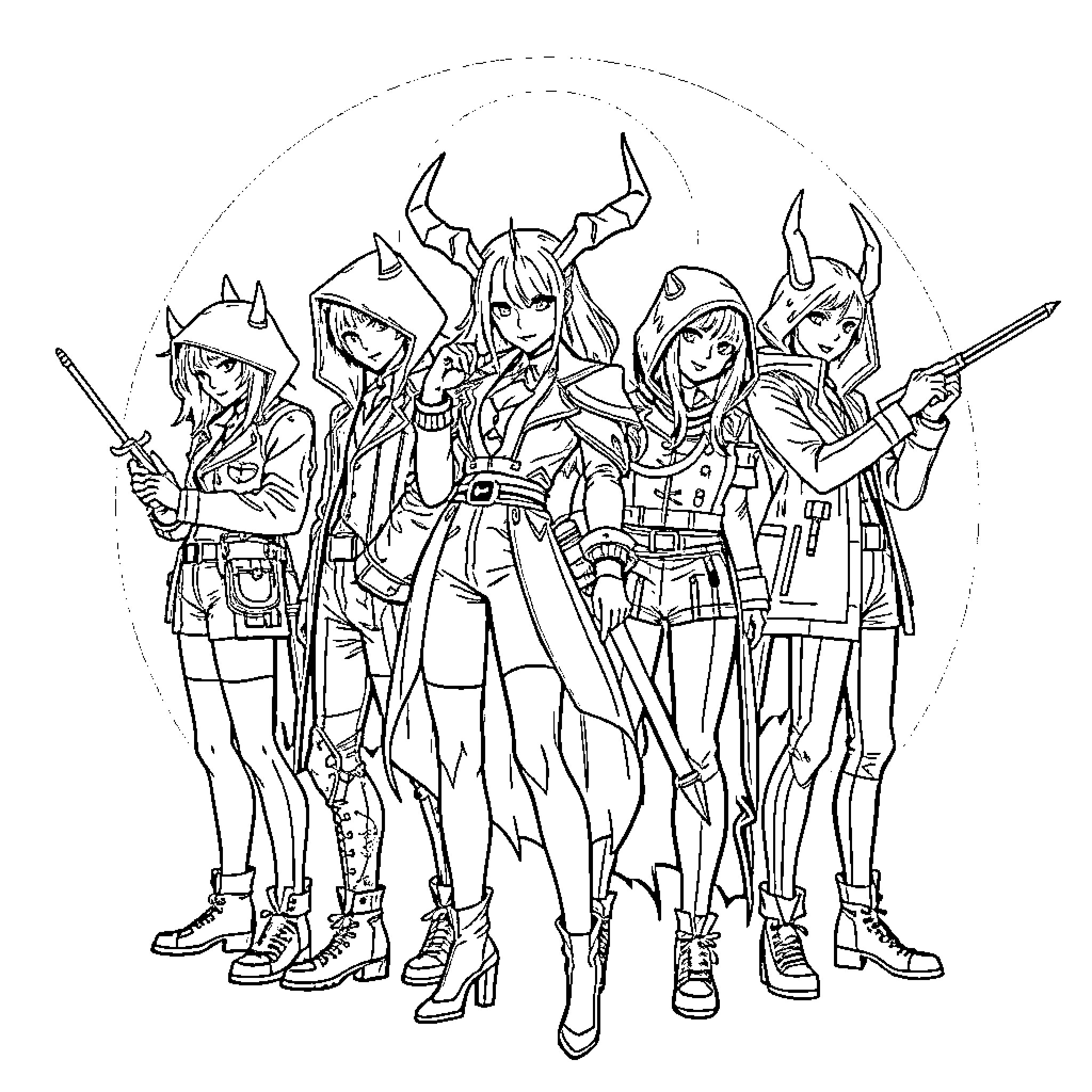Demon Hunter Squad Stands Ready for Battle Coloring Page (free black-and-white line drawing printable PDF for all, from beginners to advanced learners, including children, teens, adults, and seniors)