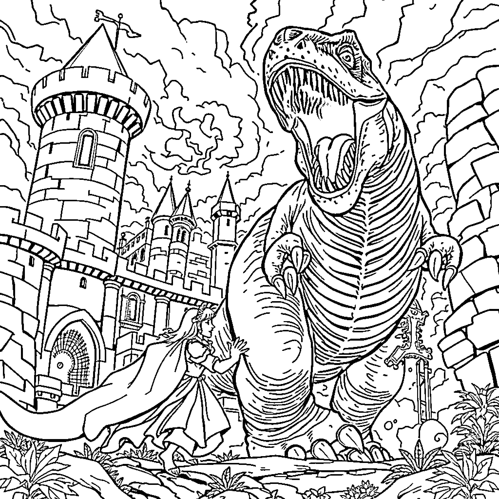 Dinosaur Roaring in Enchanted Castle Garden Coloring Page (free black-and-white line drawing printable PDF for all, from beginners to advanced learners, including children, teens, adults, and seniors)