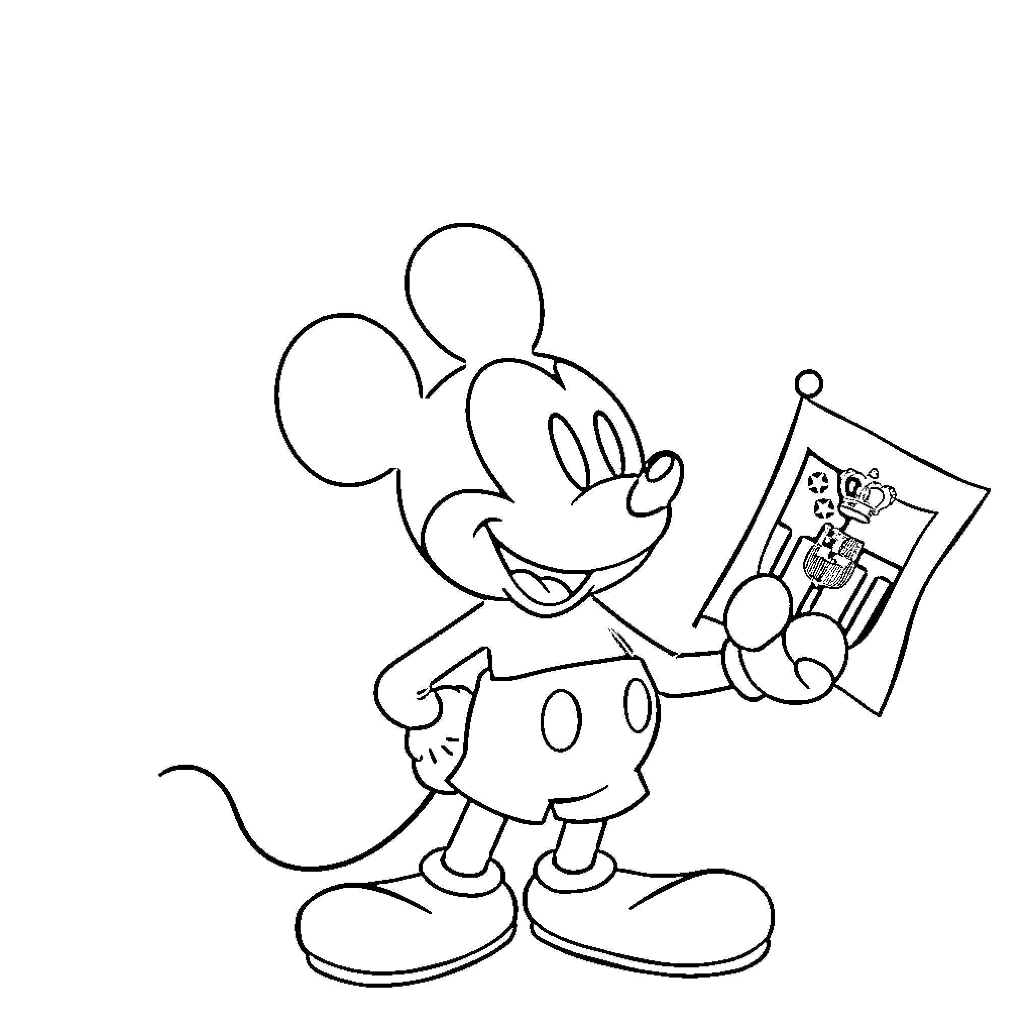 Mickey Mouse holding a coloring book Coloring Page (free black-and-white line drawing printable PDF for all, from beginners to advanced learners, including children, teens, adults, and seniors)