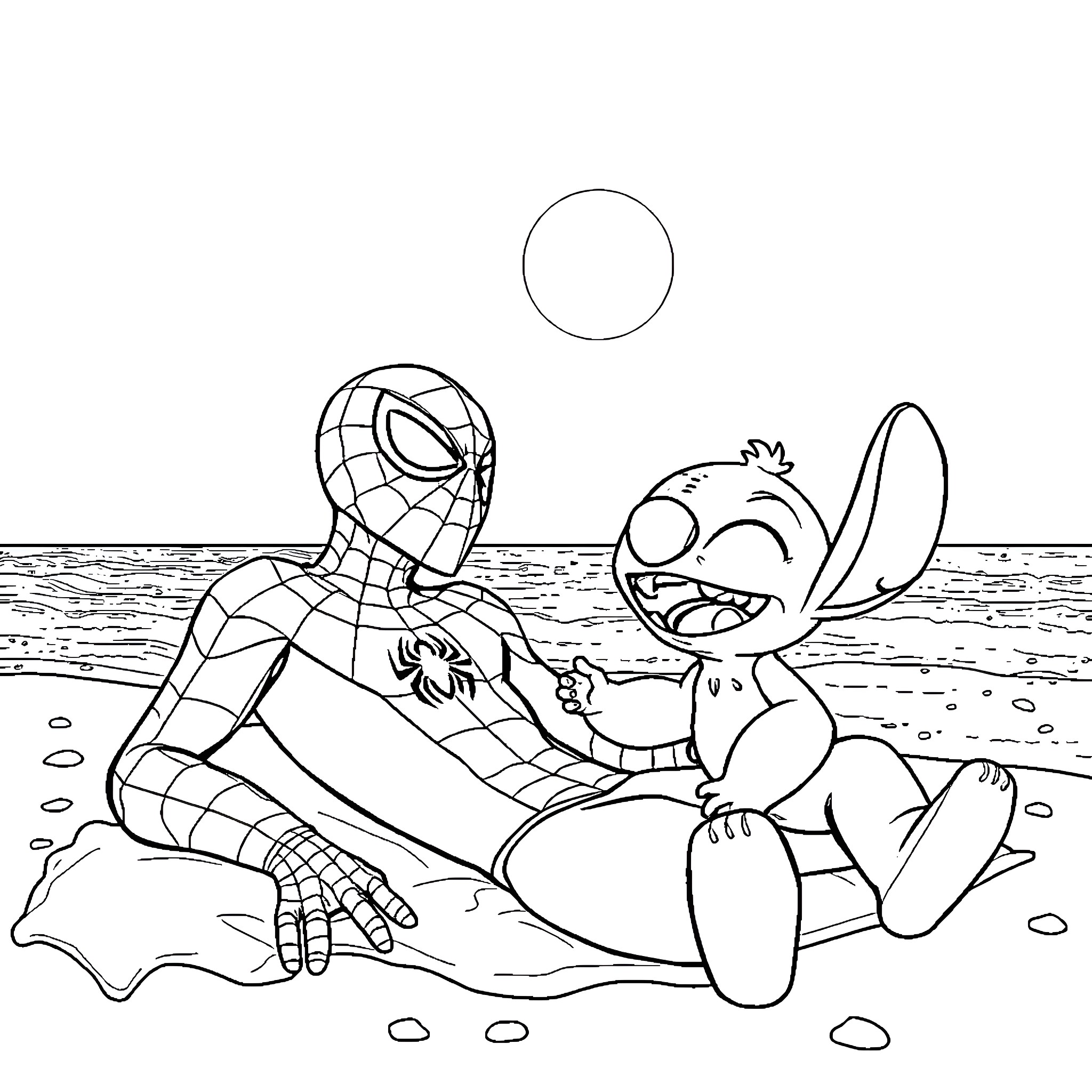 Spiderman and Stitch relaxing on the beach Coloring Page (free black-and-white line drawing printable PDF for all, from beginners to advanced learners, including children, teens, adults, and seniors)