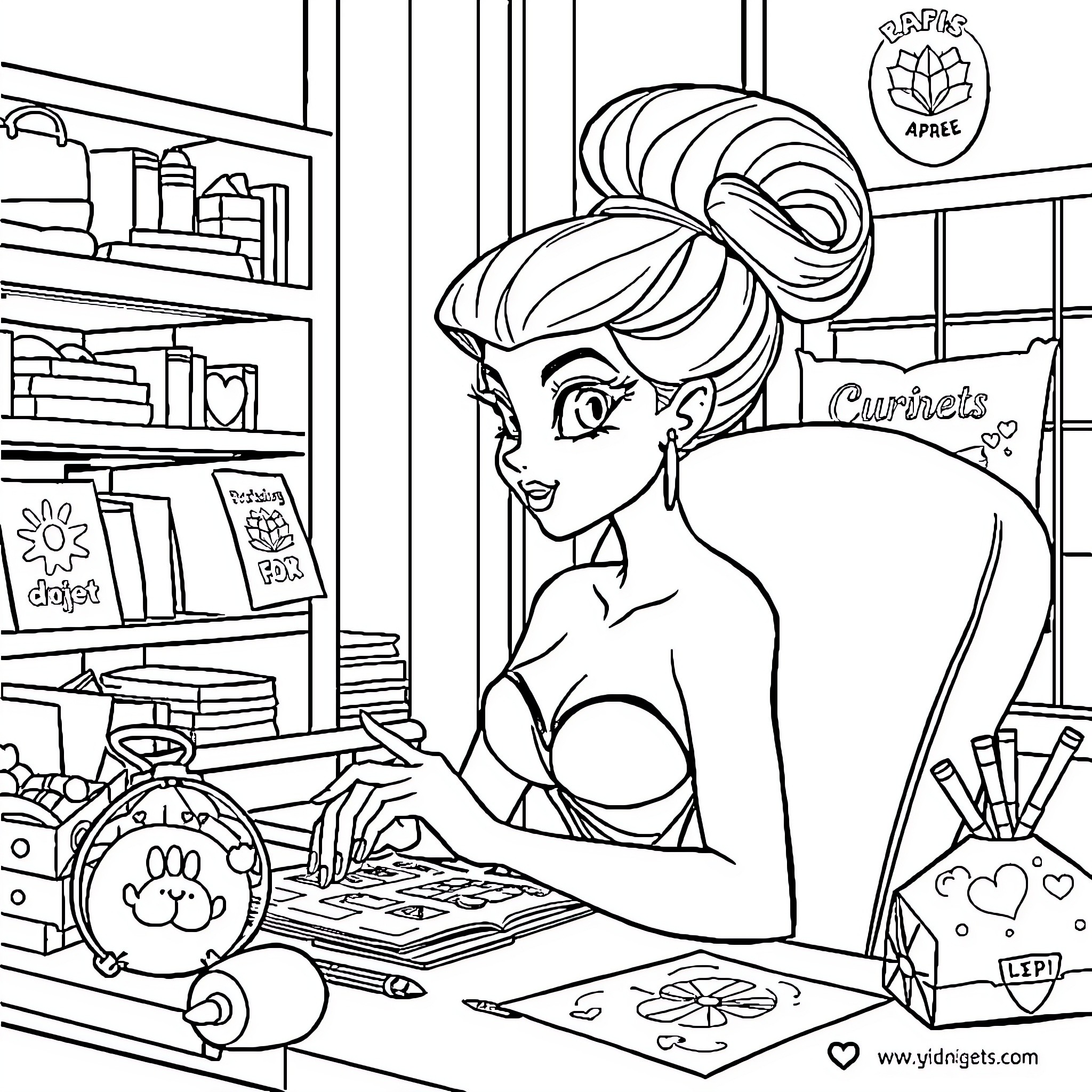Sirène sketching and crafting in her cozy workspace Coloring Page (free black-and-white line drawing printable PDF for all, from beginners to advanced learners, including children, teens, adults, and seniors)