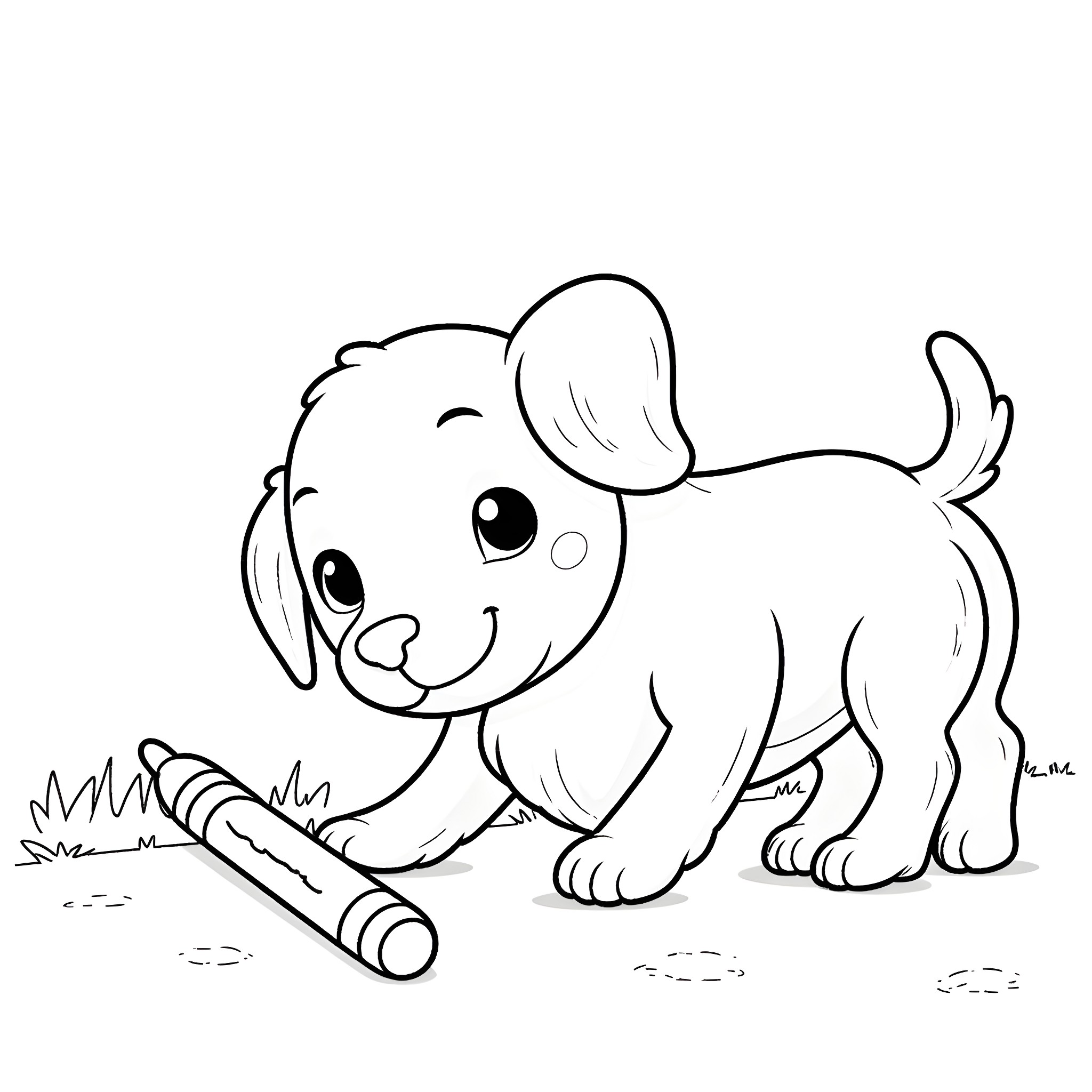 Puppy playing with a stick in the grass Coloring Page (free black-and-white line drawing printable PDF for all, from beginners to advanced learners, including children, teens, adults, and seniors)