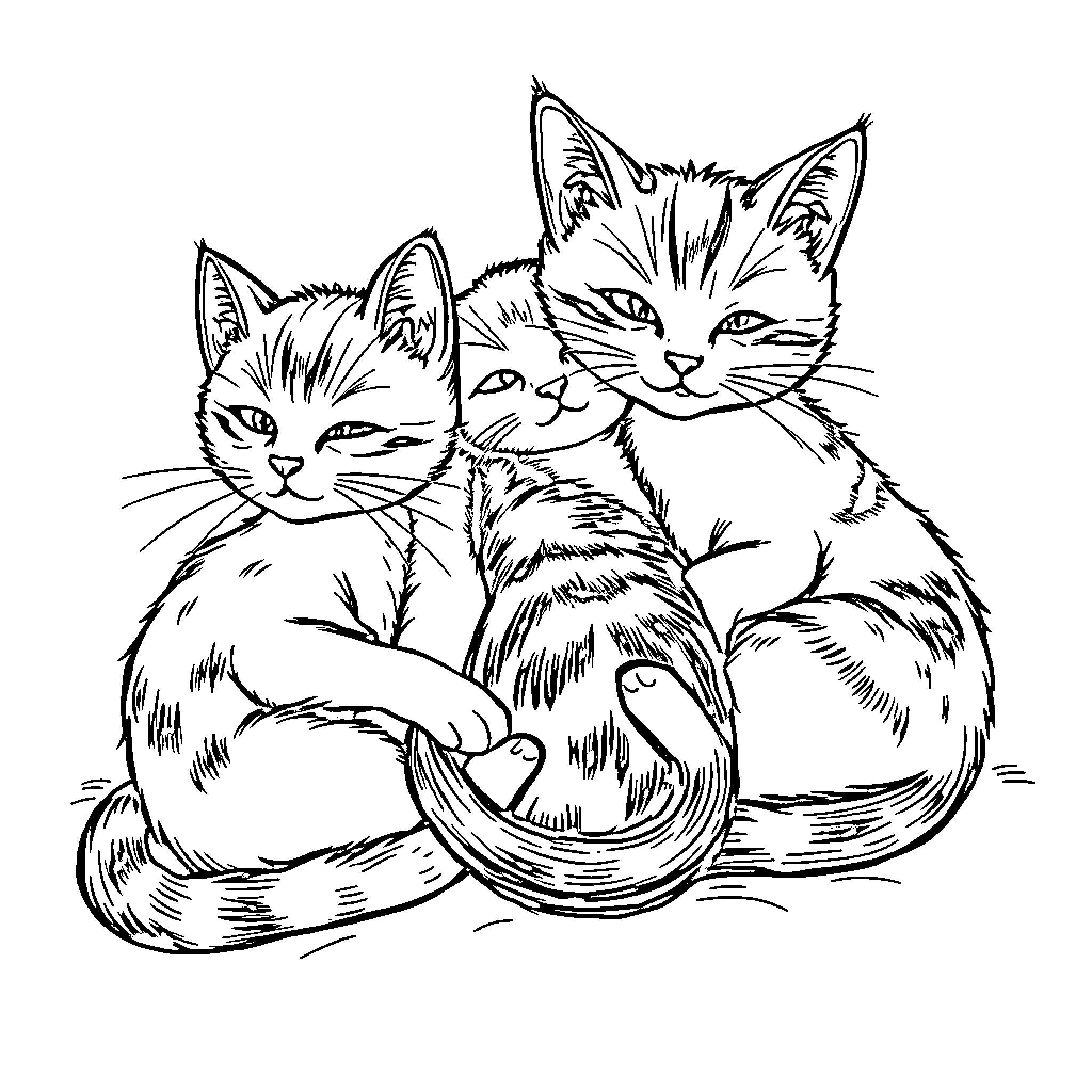 Cat Friends Cuddling Together Coloring Page (free black-and-white line drawing printable PDF for all, from beginners to advanced learners, including children, teens, adults, and seniors)