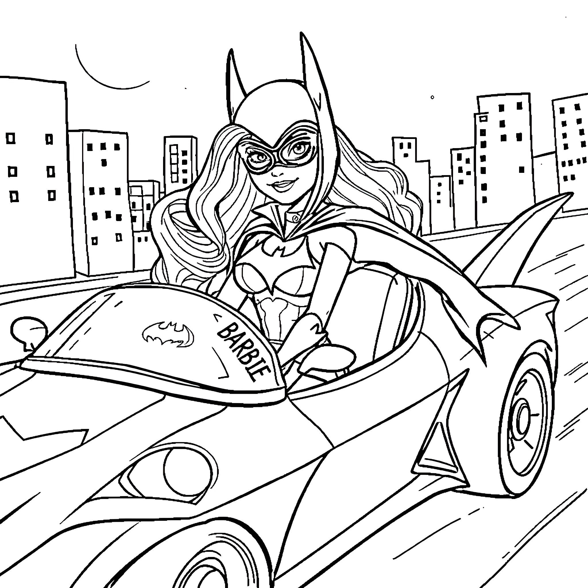 Barbie Superhero in Action-Packed City Adventure Coloring Page (free black-and-white line drawing printable PDF for all, from beginners to advanced learners, including children, teens, adults, and seniors)