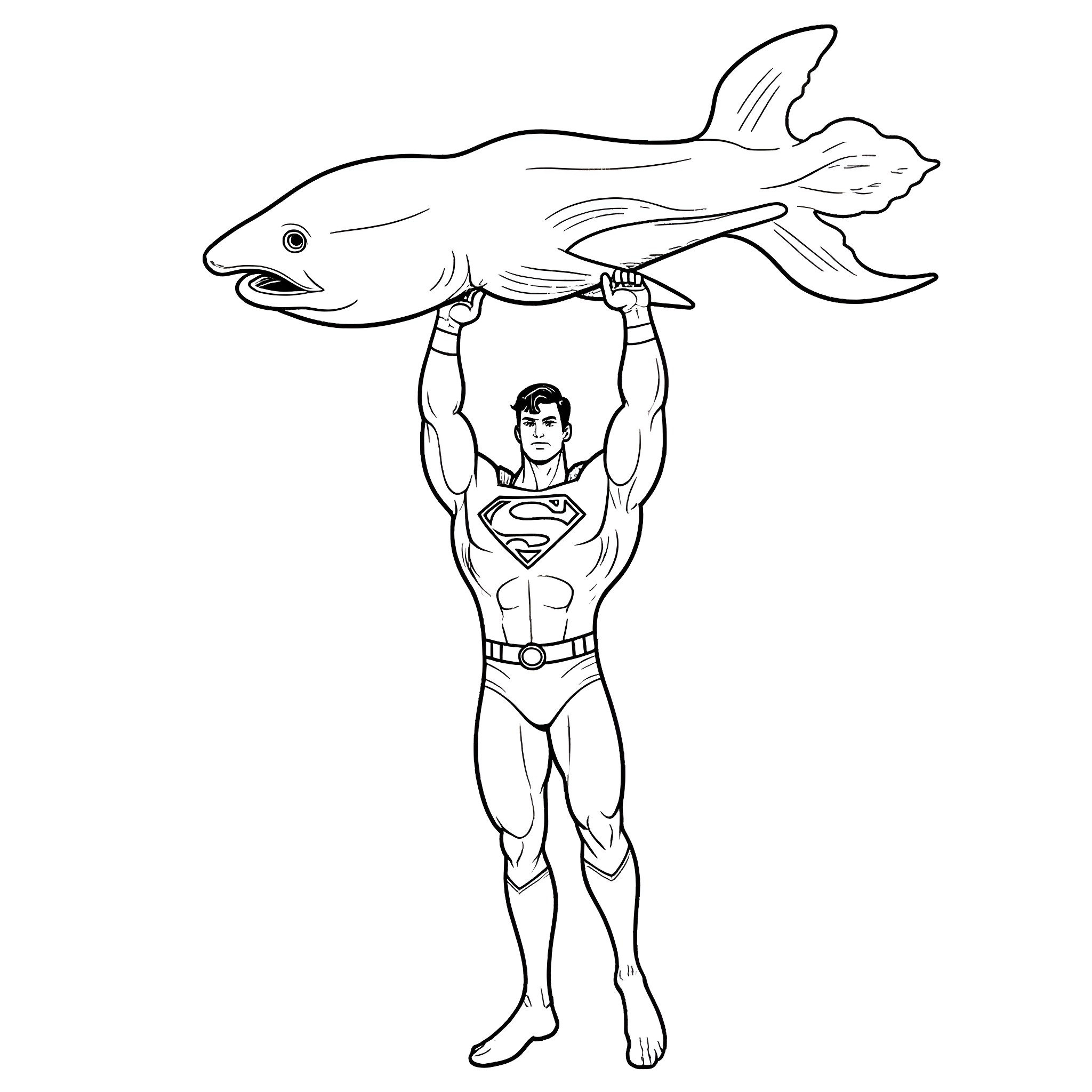 Superman lifting a giant shark Coloring Page (free black-and-white line drawing printable PDF for all, from beginners to advanced learners, including children, teens, adults, and seniors)