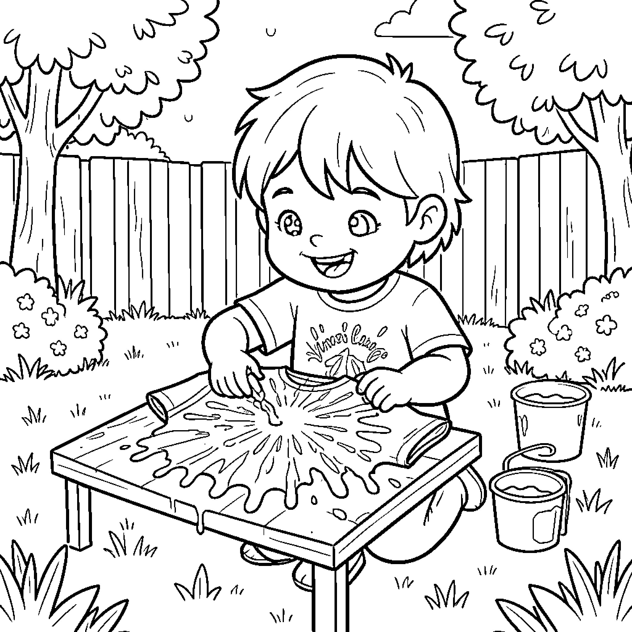 Child playing joyfully with paints outdoors Coloring Page (free black-and-white line drawing printable PDF for all, from beginners to advanced learners, including children, teens, adults, and seniors)