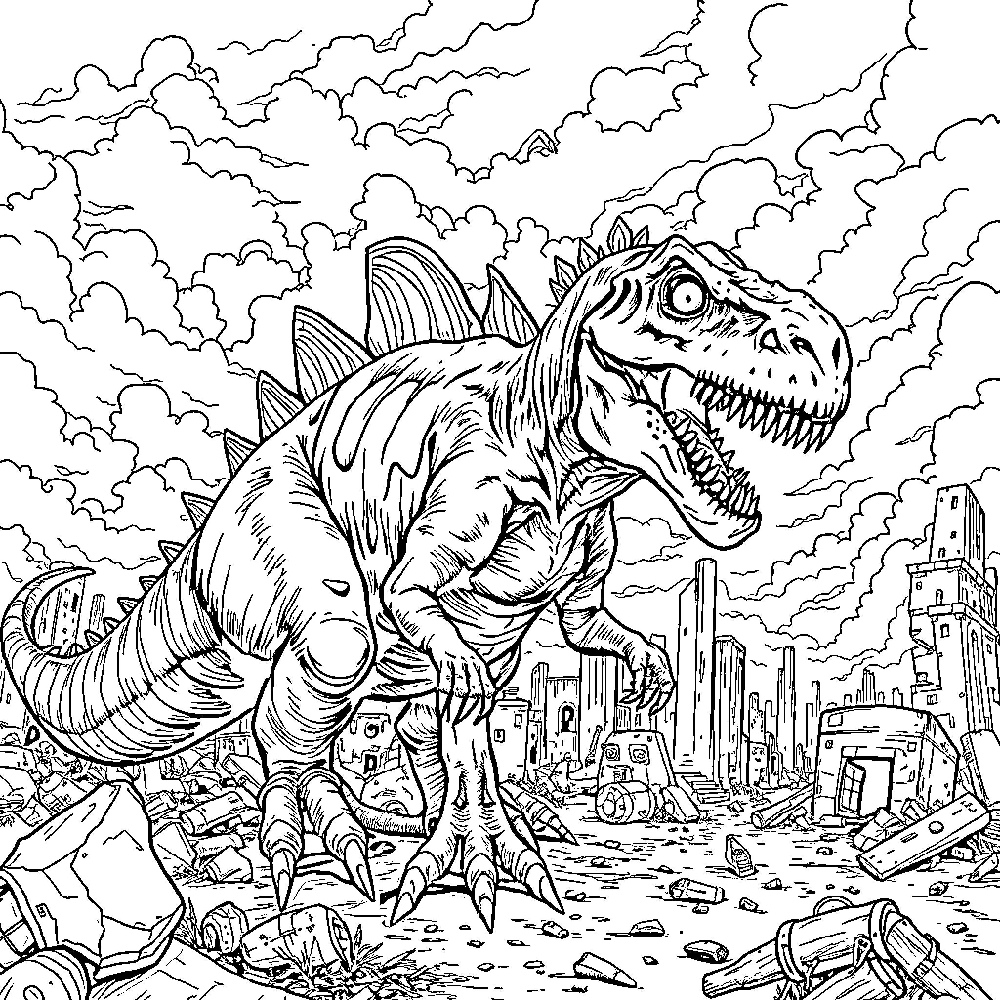 Tyrannosaurus Destroys City in Apocalyptic Landscape Coloring Page (free black-and-white line drawing printable PDF for all, from beginners to advanced learners, including children, teens, adults, and seniors)