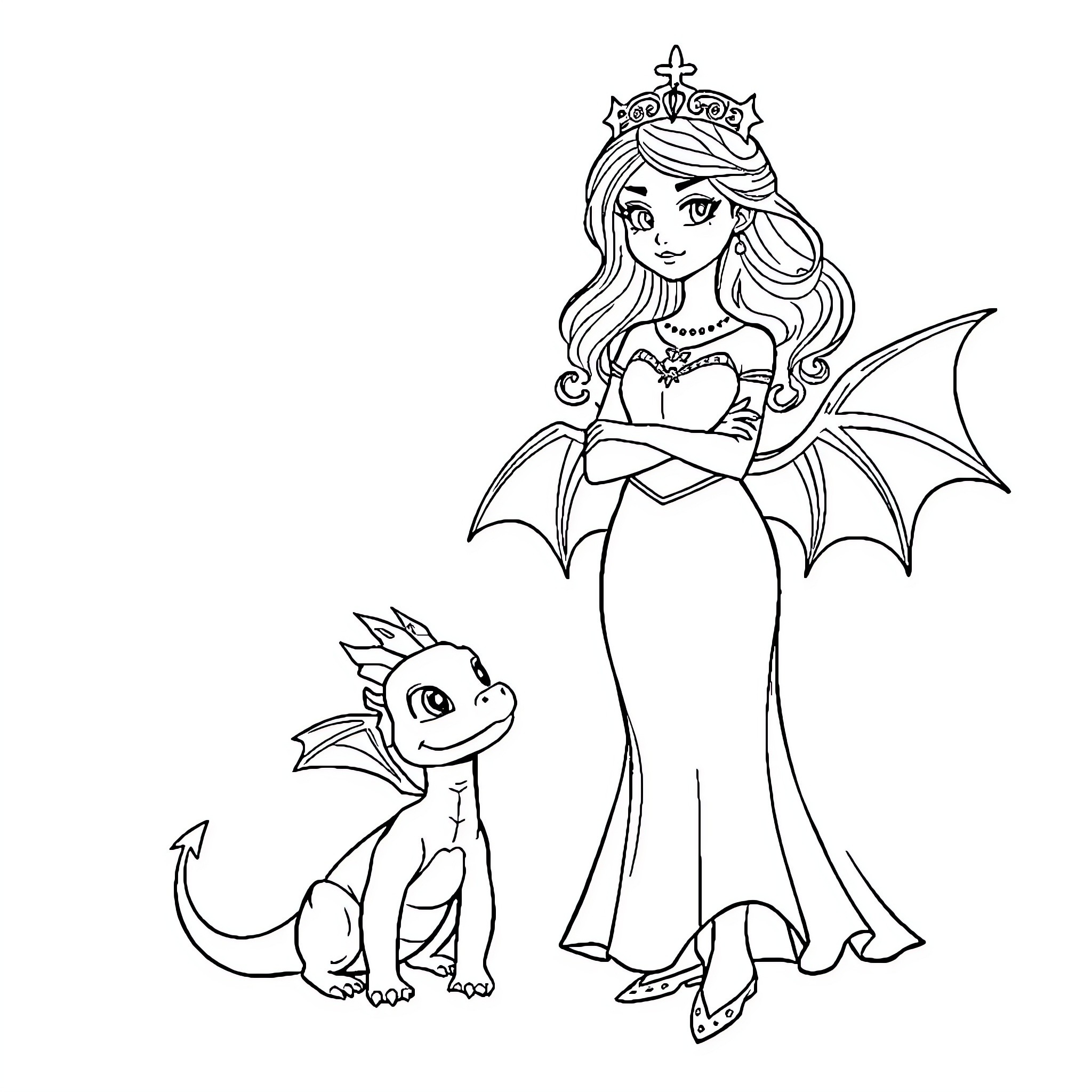 Lady Fairy and Her Companion Dragon Coloring Page (free black-and-white line drawing printable PDF for all, from beginners to advanced learners, including children, teens, adults, and seniors)