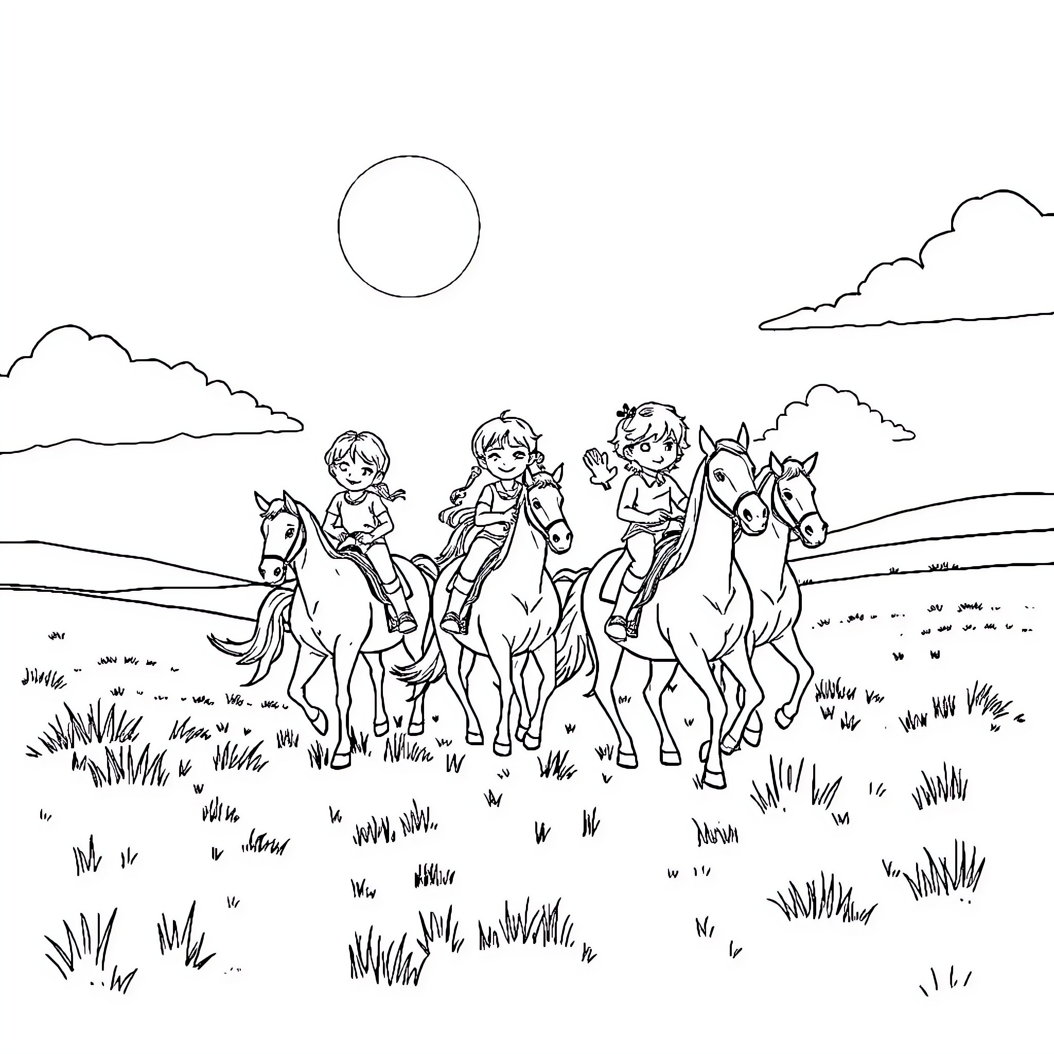 Horse-riding children enjoy outdoor adventure Coloring Page (free black-and-white line drawing printable PDF for all, from beginners to advanced learners, including children, teens, adults, and seniors)