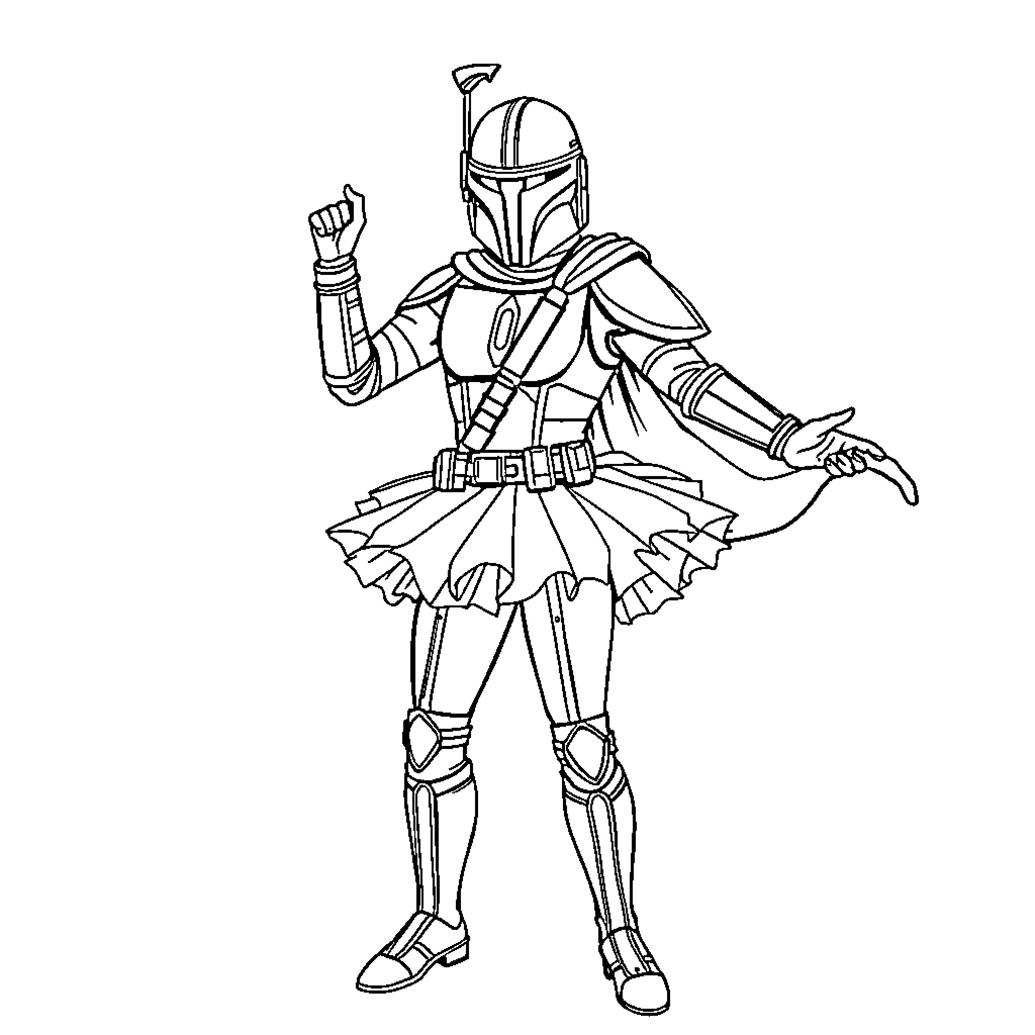 Mandalorian warrior in action pose Coloring Page (free black-and-white line drawing printable PDF for all, from beginners to advanced learners, including children, teens, adults, and seniors)