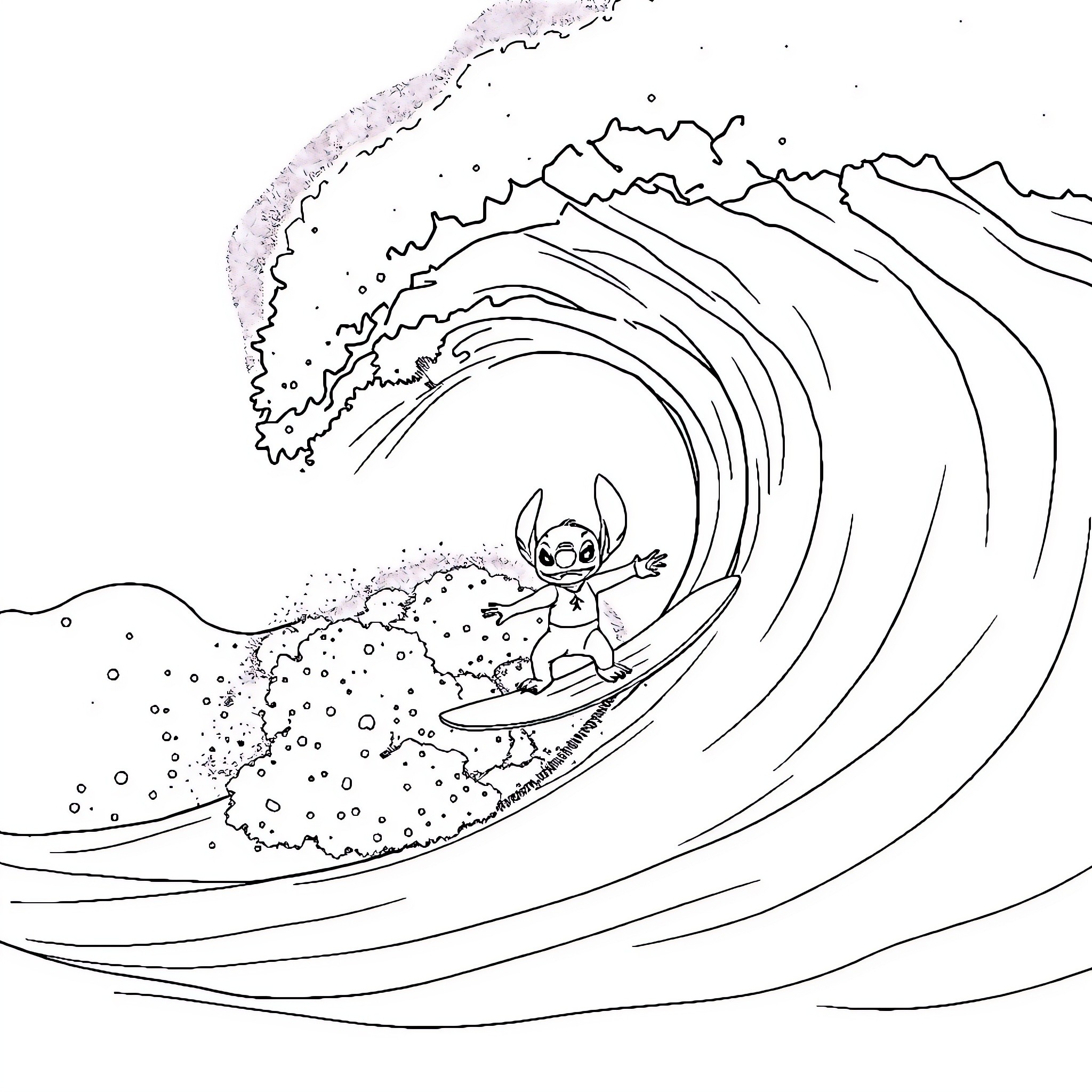 Stitch surfing through a giant wave Coloring Page (free black-and-white line drawing printable PDF for all, from beginners to advanced learners, including children, teens, adults, and seniors)