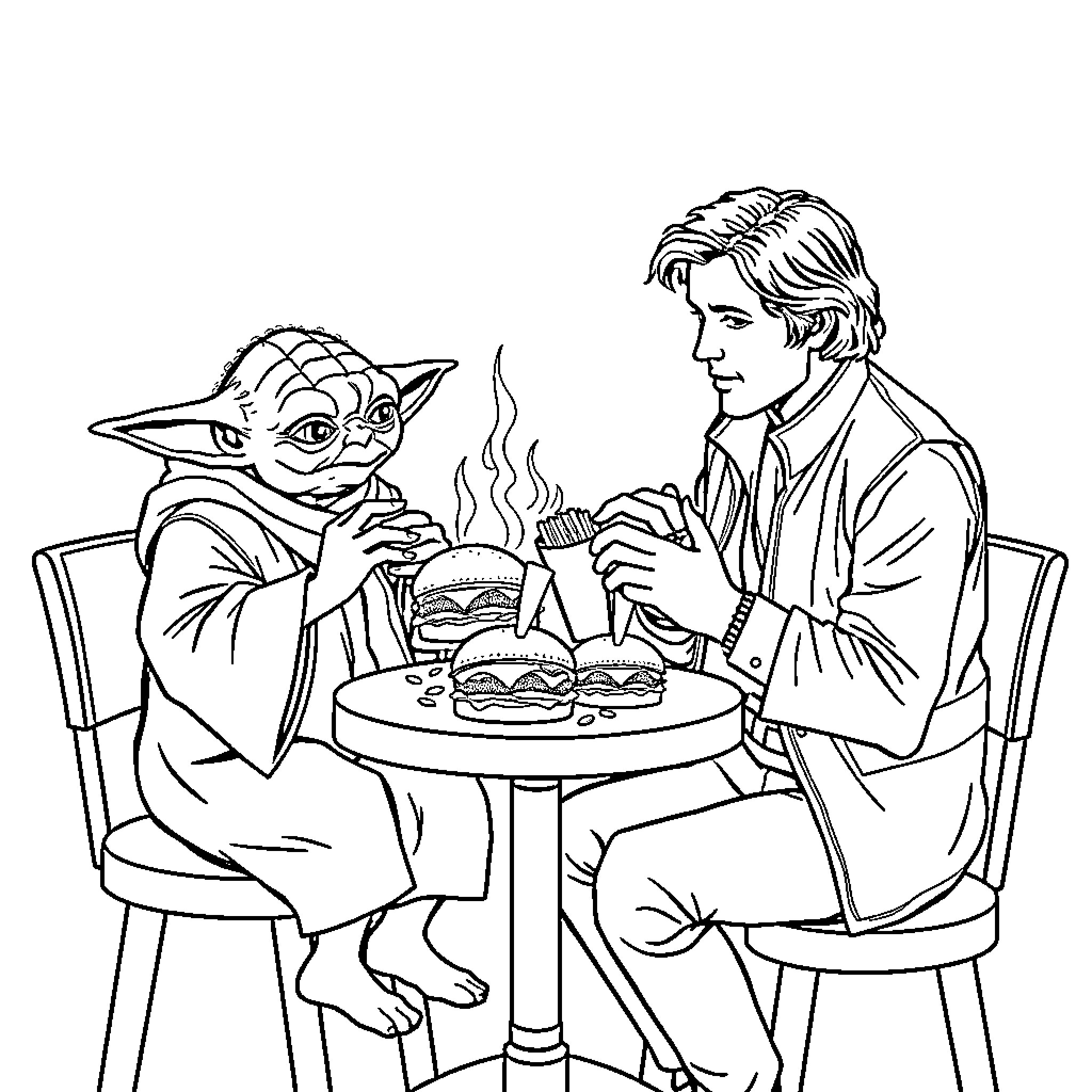 Yoda and man share meal at diner Coloring Page (free black-and-white line drawing printable PDF for all, from beginners to advanced learners, including children, teens, adults, and seniors)