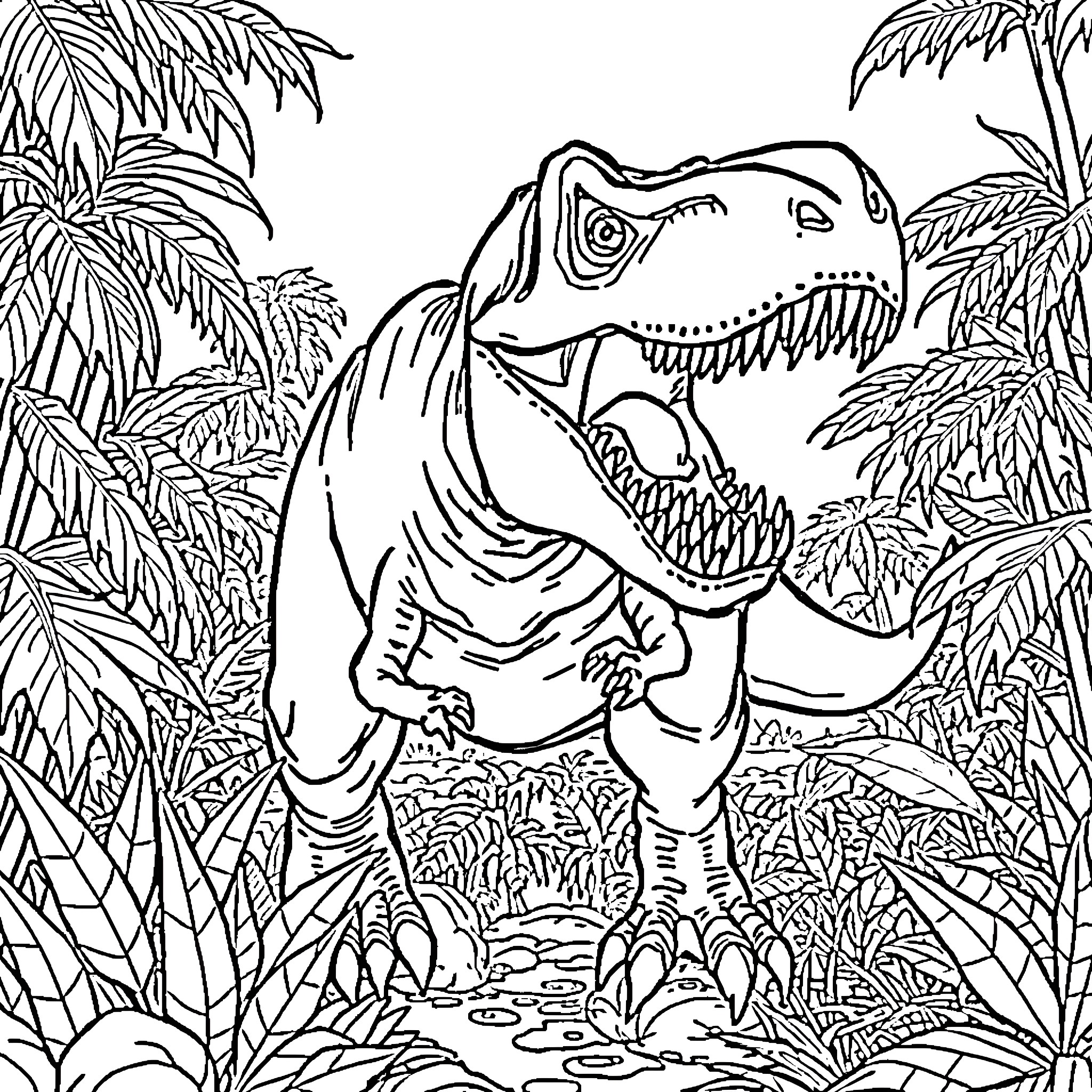T-Rex roaring in prehistoric jungle landscape Coloring Page (free black-and-white line drawing printable PDF for all, from beginners to advanced learners, including children, teens, adults, and seniors)