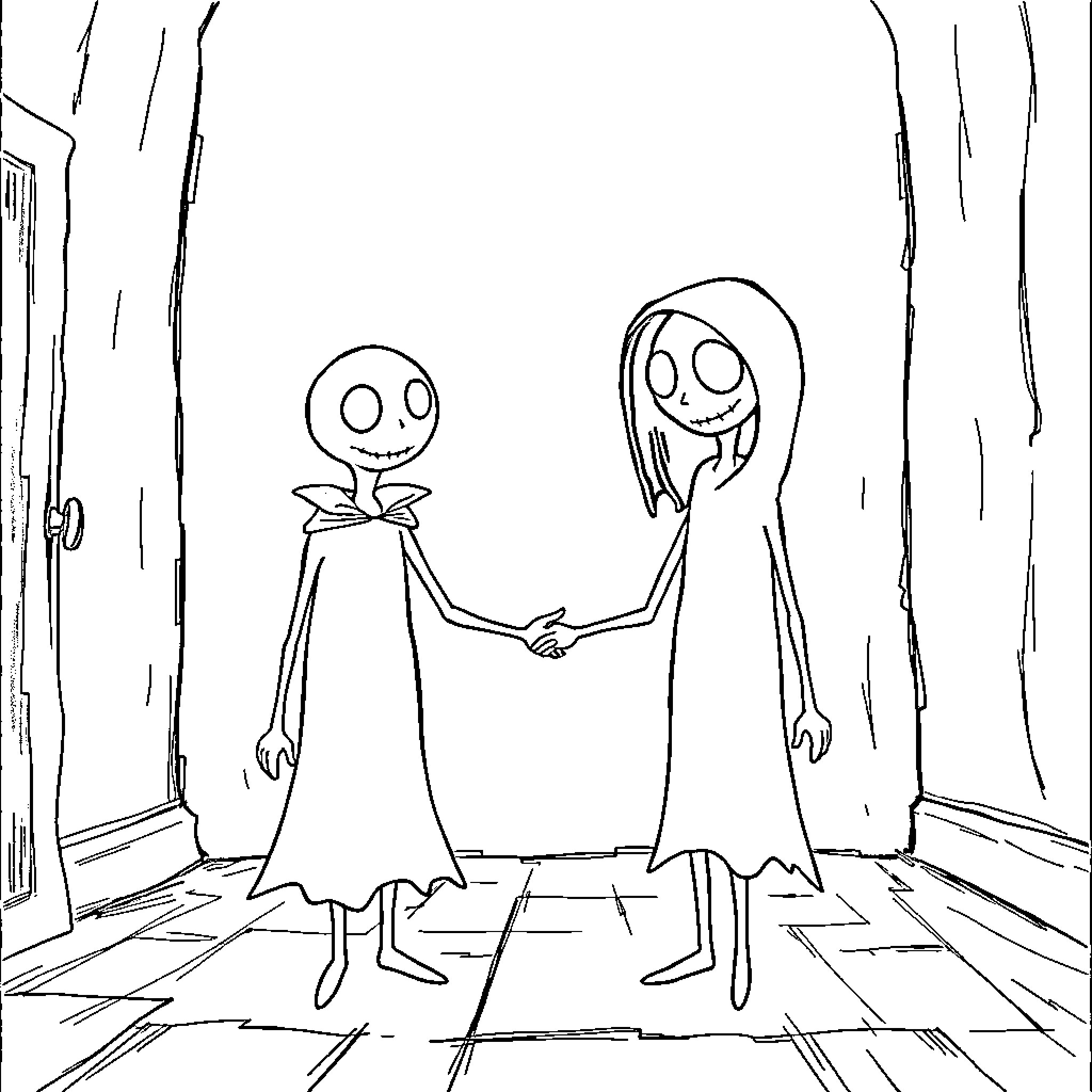 Ghost figures shaking hands in eerie hallway Coloring Page (free black-and-white line drawing printable PDF for all, from beginners to advanced learners, including children, teens, adults, and seniors)