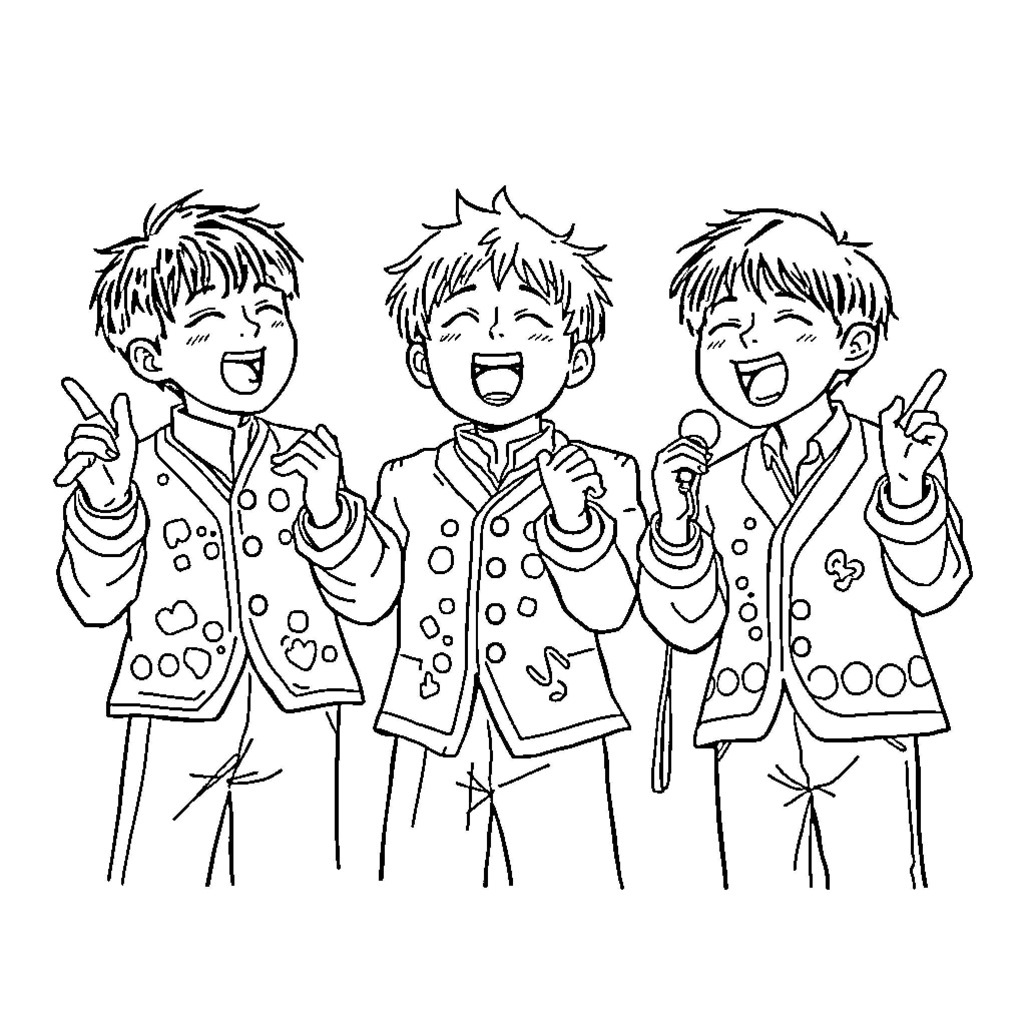 Saji Boys happily performing on stage Coloring Page (free black-and-white line drawing printable PDF for all, from beginners to advanced learners, including children, teens, adults, and seniors)