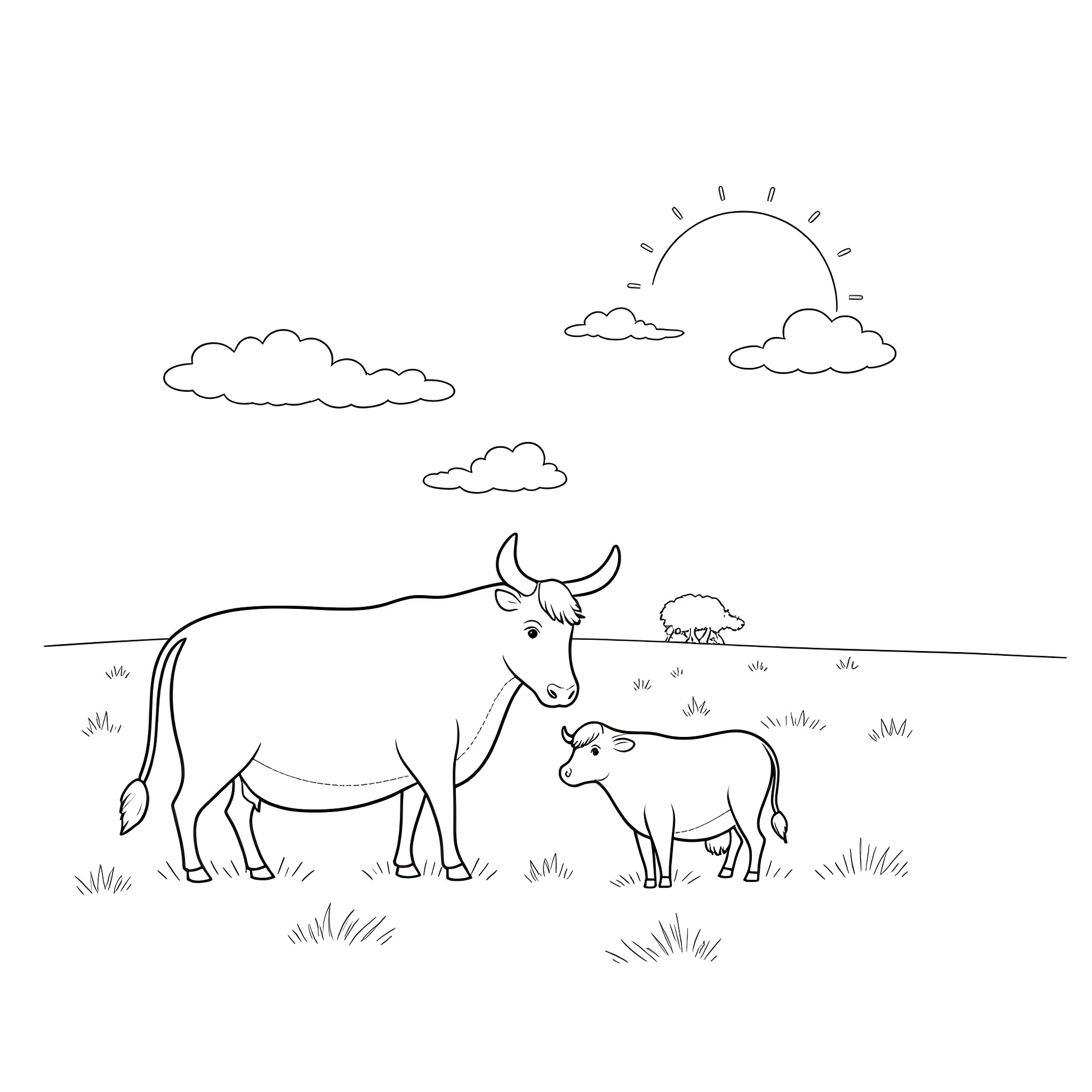 Bluey's farmyard adventure with cattle Coloring Page (free black-and-white line drawing printable PDF for all, from beginners to advanced learners, including children, teens, adults, and seniors)