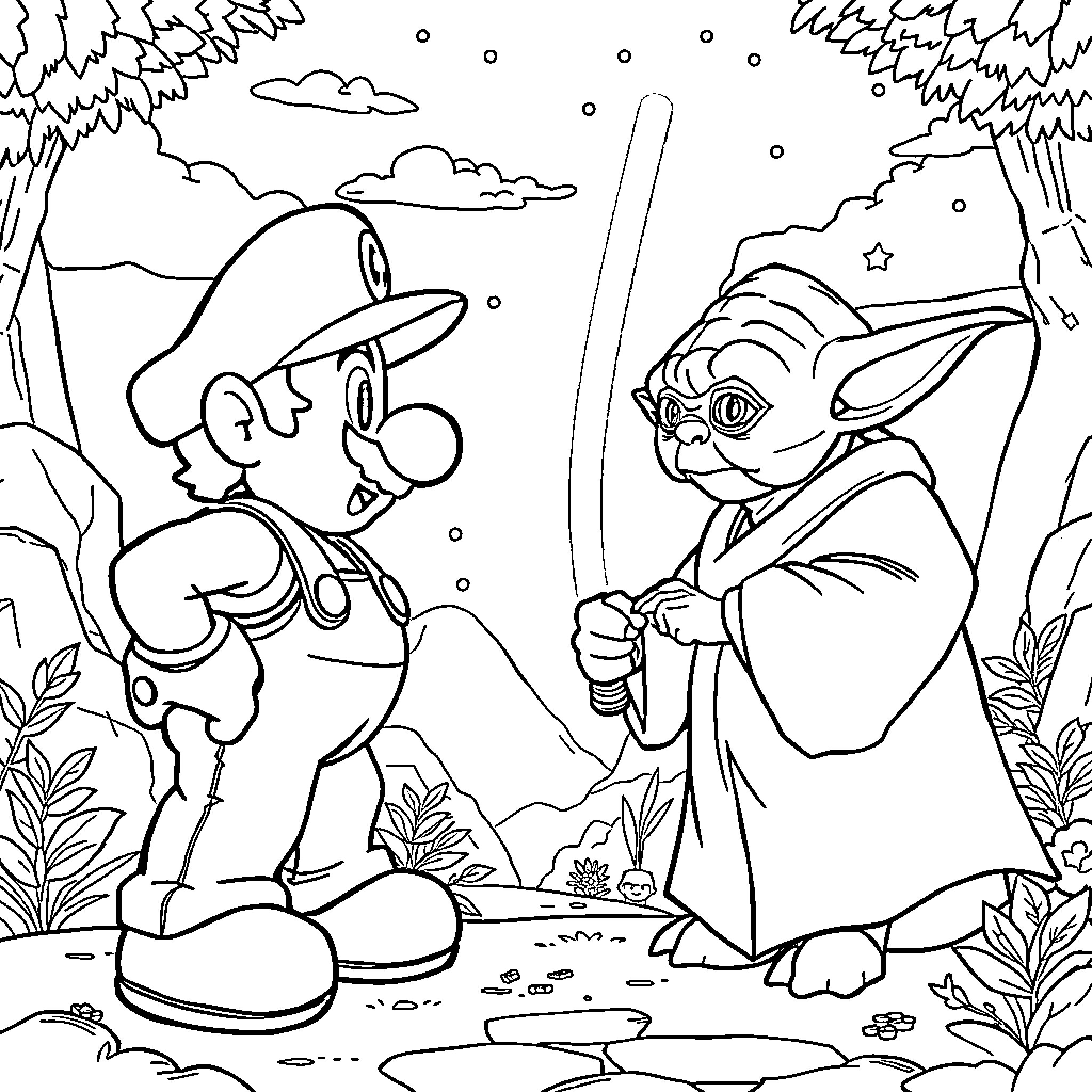Super Mario and Yoda Encounter in the Forest Coloring Page (free black-and-white line drawing printable PDF for all, from beginners to advanced learners, including children, teens, adults, and seniors)