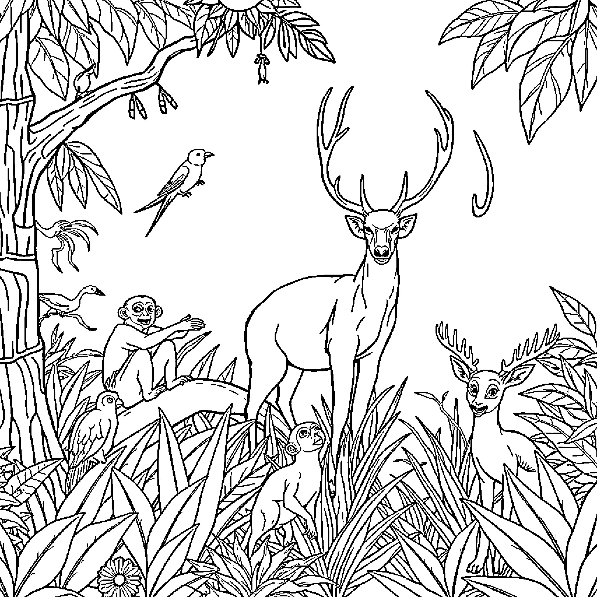 Animal scenes of wildlife in a jungle landscape Coloring Page (free black-and-white line drawing printable PDF for all, from beginners to advanced learners, including children, teens, adults, and seniors)