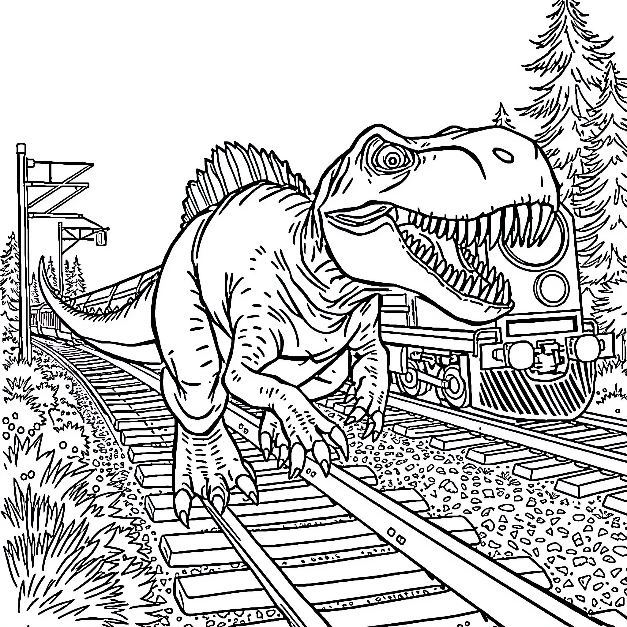 Dinosaur hunting on the railway tracks Coloring Page (free black-and-white line drawing printable PDF for all, from beginners to advanced learners, including children, teens, adults, and seniors)