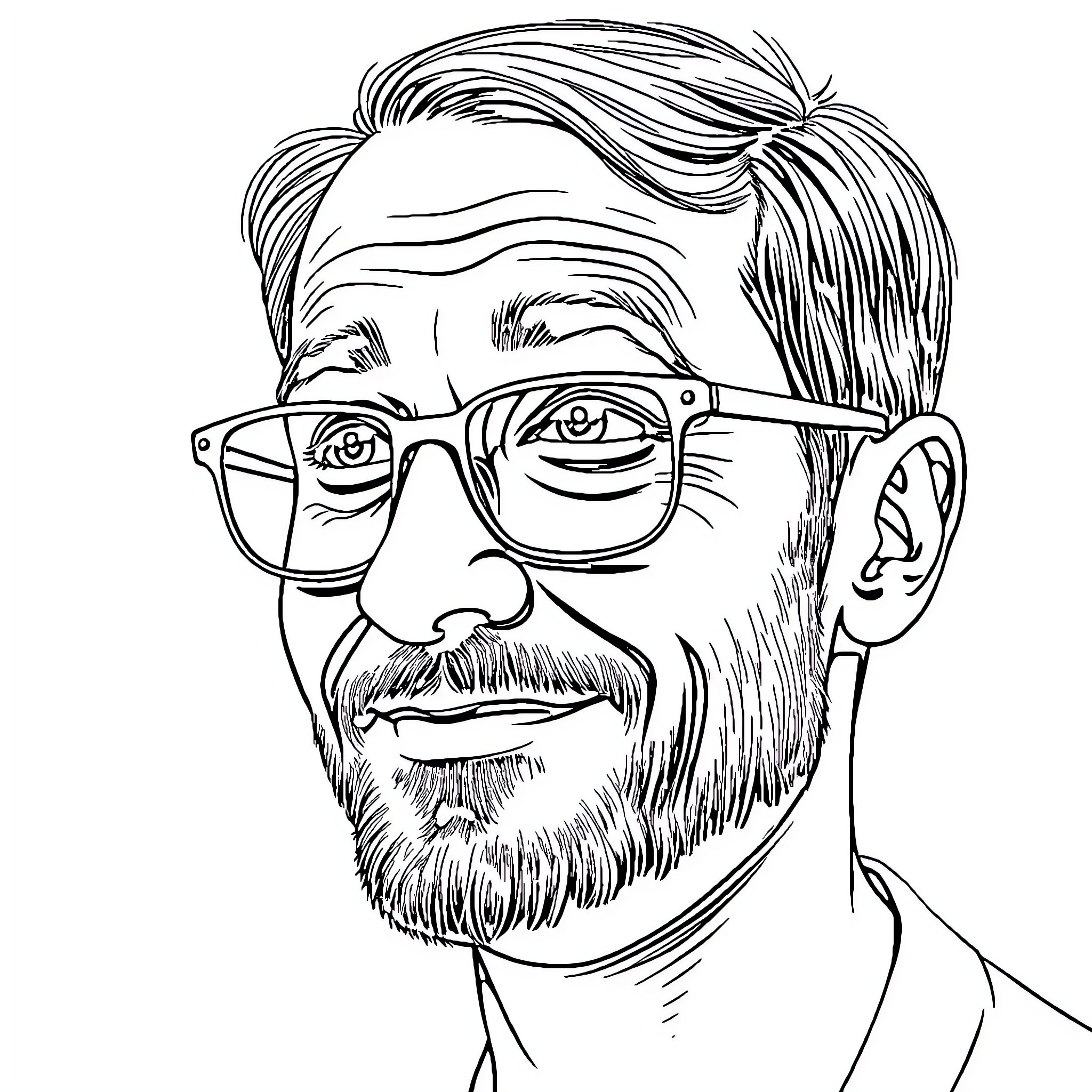 Man with glasses and beard in pensive expression Coloring Page (free black-and-white line drawing printable PDF for all, from beginners to advanced learners, including children, teens, adults, and seniors)