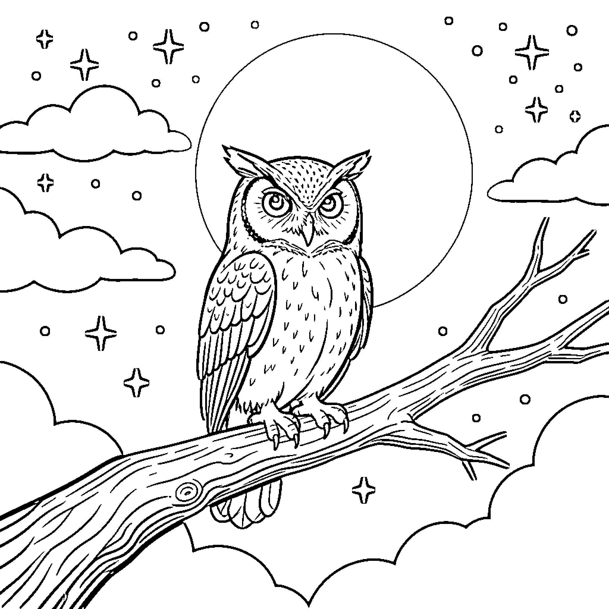 Owl perched on a tree branch under the moonlight Coloring Page (free black-and-white line drawing printable PDF for all, from beginners to advanced learners, including children, teens, adults, and seniors)