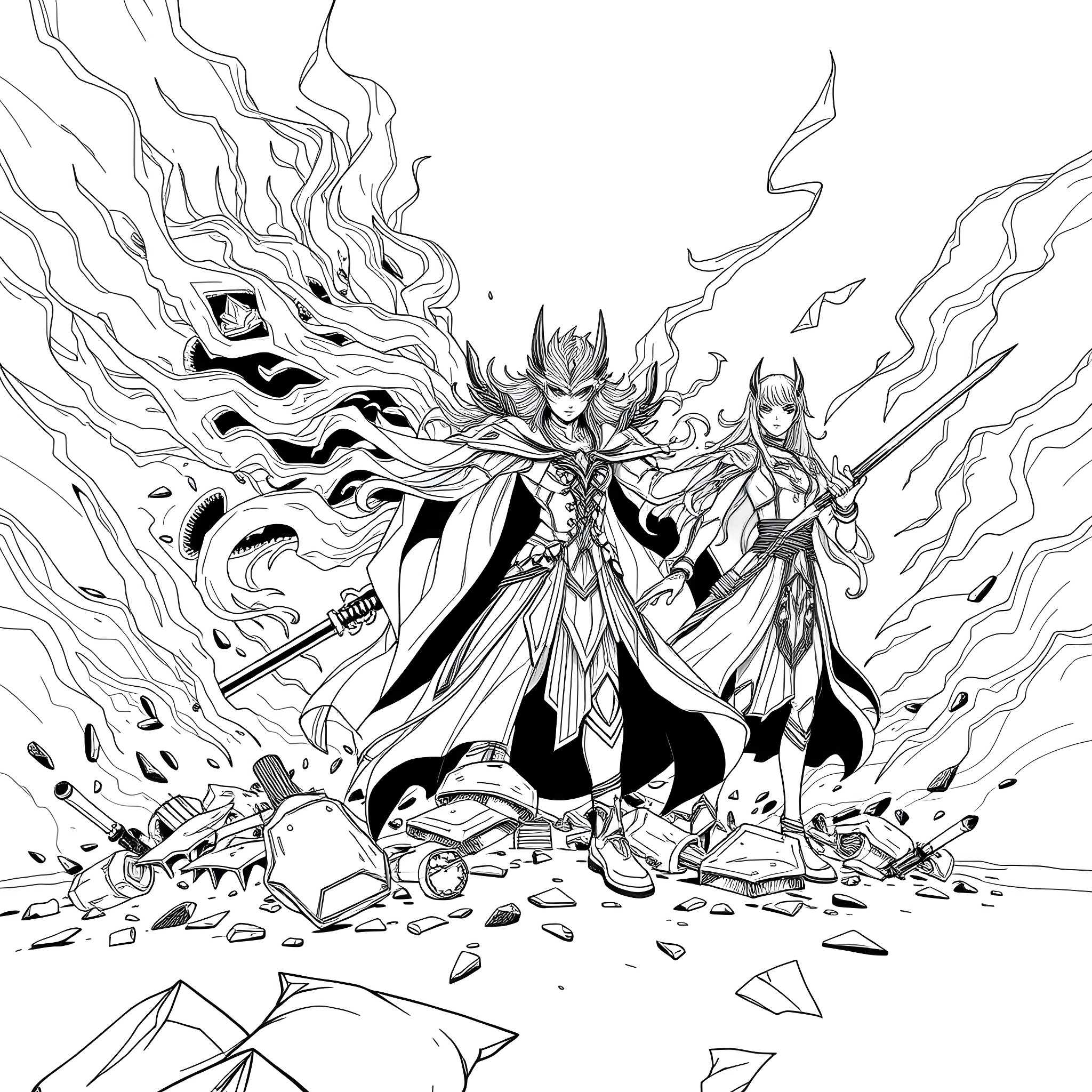 Spirit of Destruction and Vengeance in Battle Coloring Page (free black-and-white line drawing printable PDF for all, from beginners to advanced learners, including children, teens, adults, and seniors)
