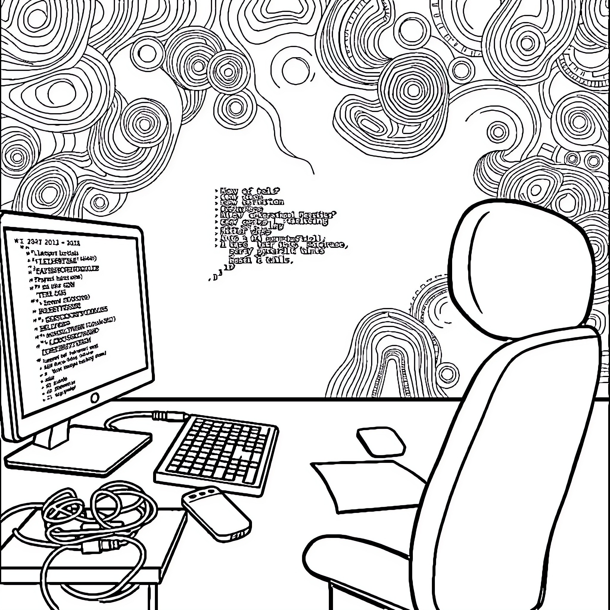 Computer User Working at Desk with Various Devices Coloring Page (free black-and-white line drawing printable PDF for all, from beginners to advanced learners, including children, teens, adults, and seniors)