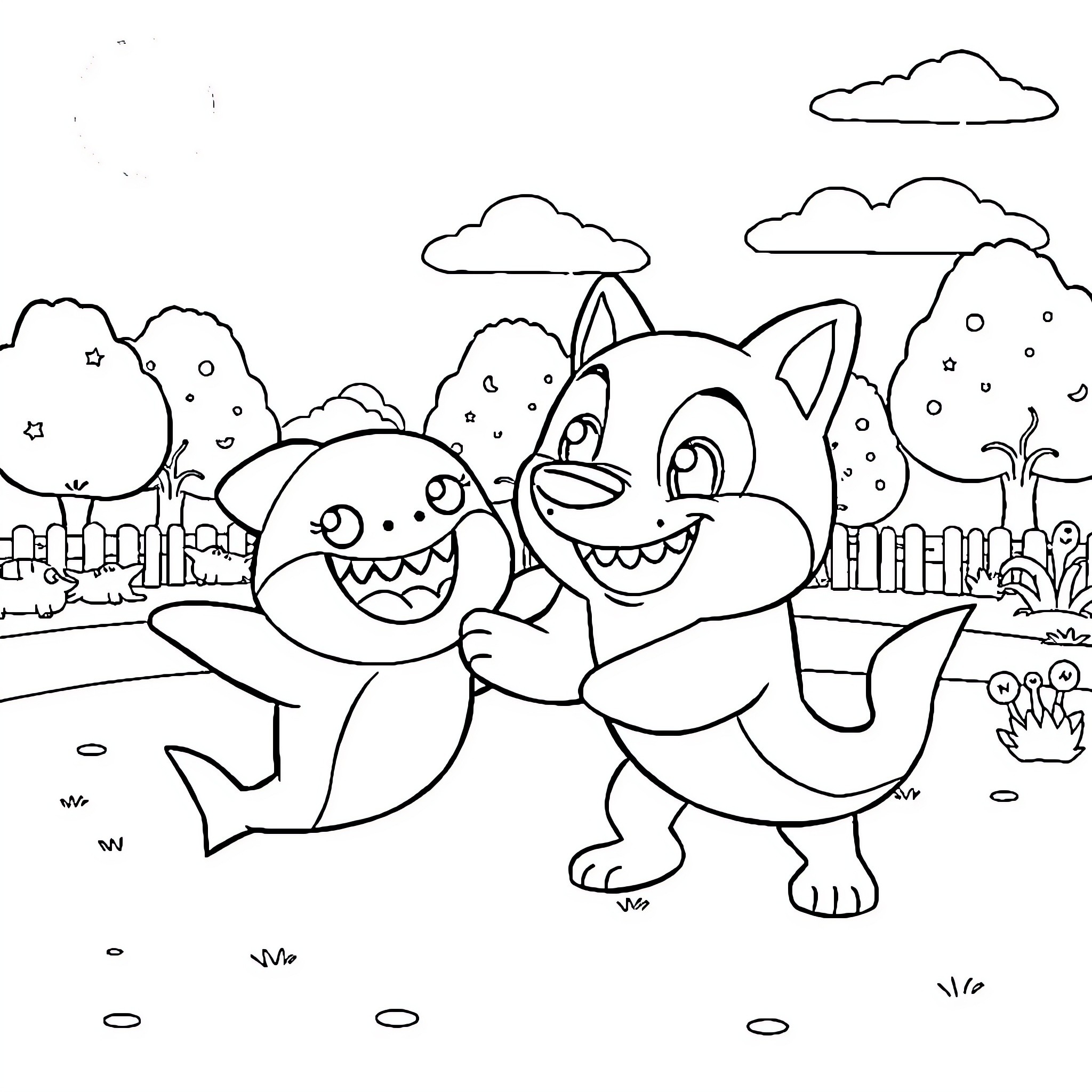 Baby Shark dancing with friends in the park Coloring Page (free black-and-white line drawing printable PDF for all, from beginners to advanced learners, including children, teens, adults, and seniors)