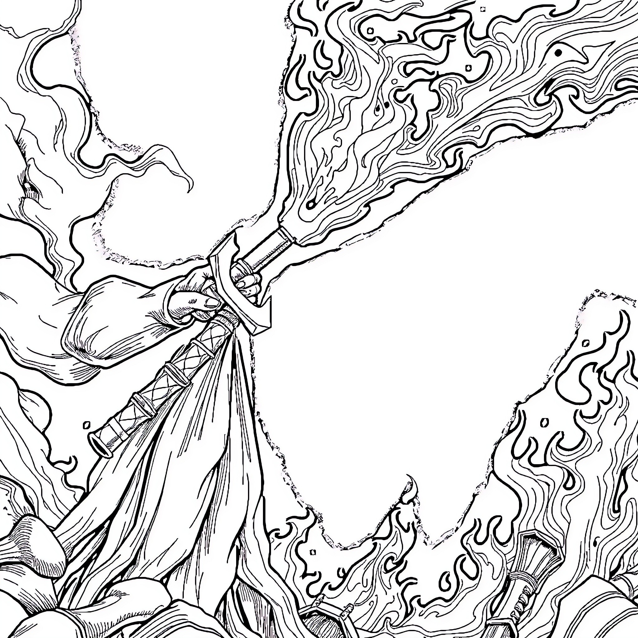 Sword-wielding warrior's fiery display of power Coloring Page (free black-and-white line drawing printable PDF for all, from beginners to advanced learners, including children, teens, adults, and seniors)
