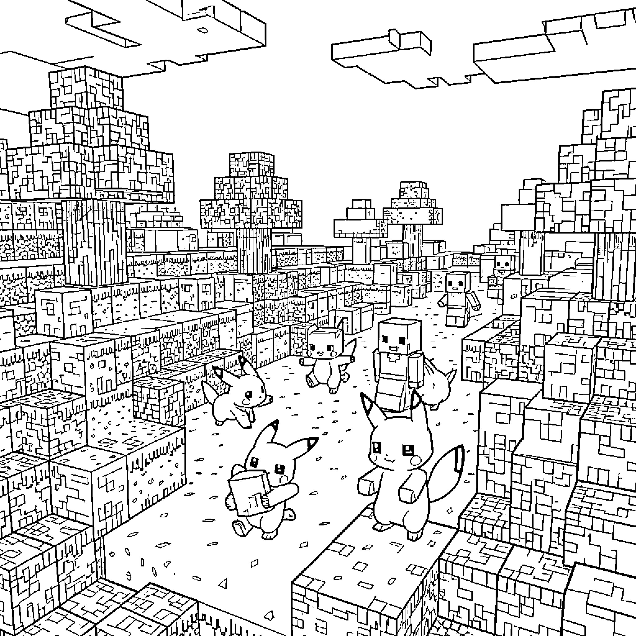 Pokémon exploring a blocky pixelated landscape Coloring Page (free black-and-white line drawing printable PDF for all, from beginners to advanced learners, including children, teens, adults, and seniors)