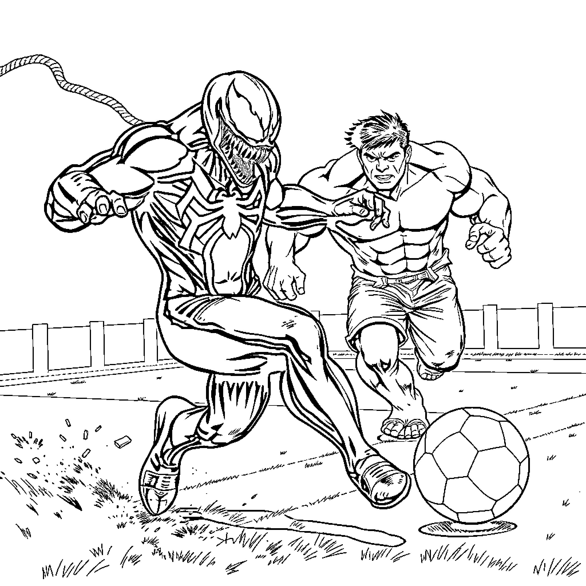 Venom and Hulk engage in intense soccer match Coloring Page (free black-and-white line drawing printable PDF for all, from beginners to advanced learners, including children, teens, adults, and seniors)