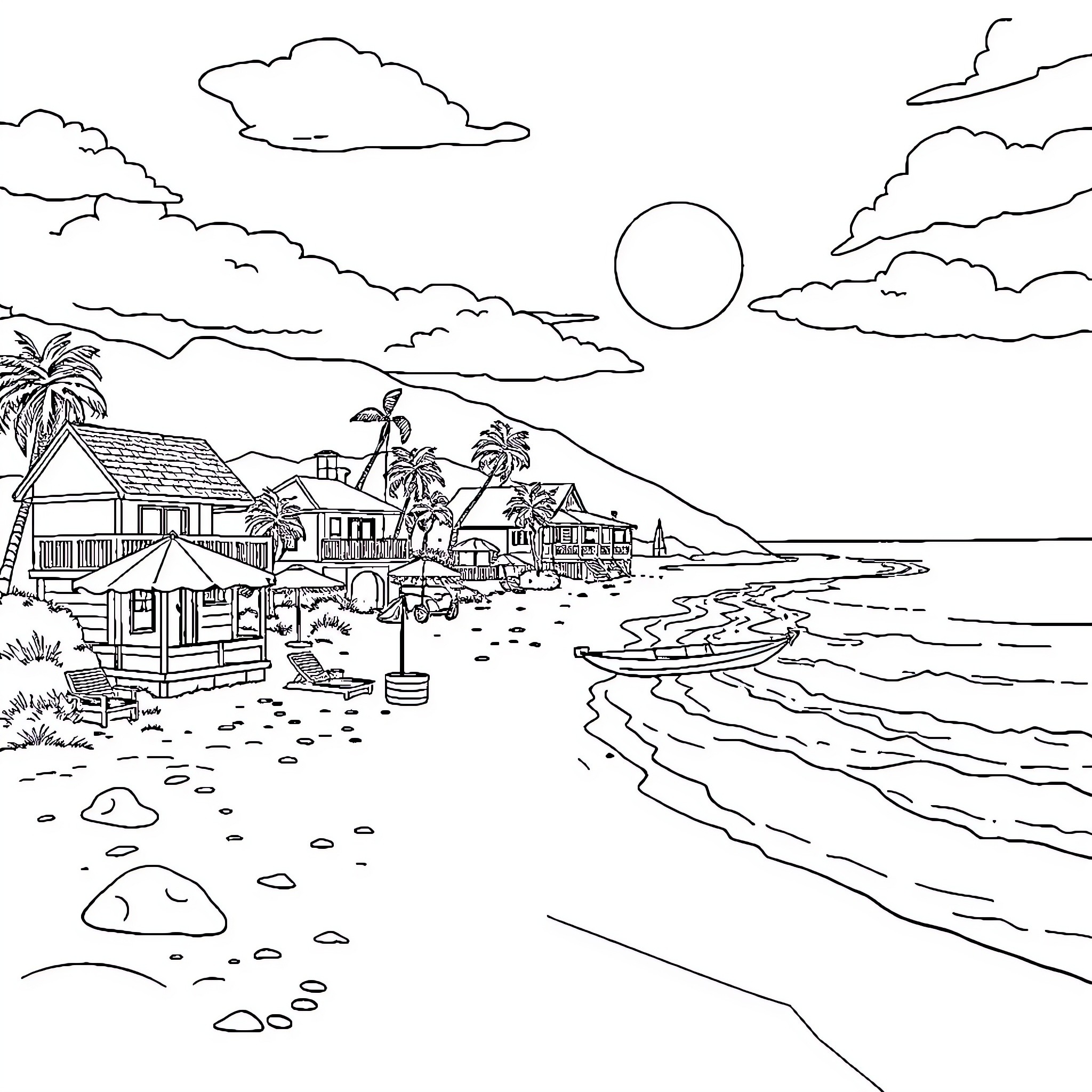 Beach with coastal houses and palm trees Coloring Page (free black-and-white line drawing printable PDF for all, from beginners to advanced learners, including children, teens, adults, and seniors)