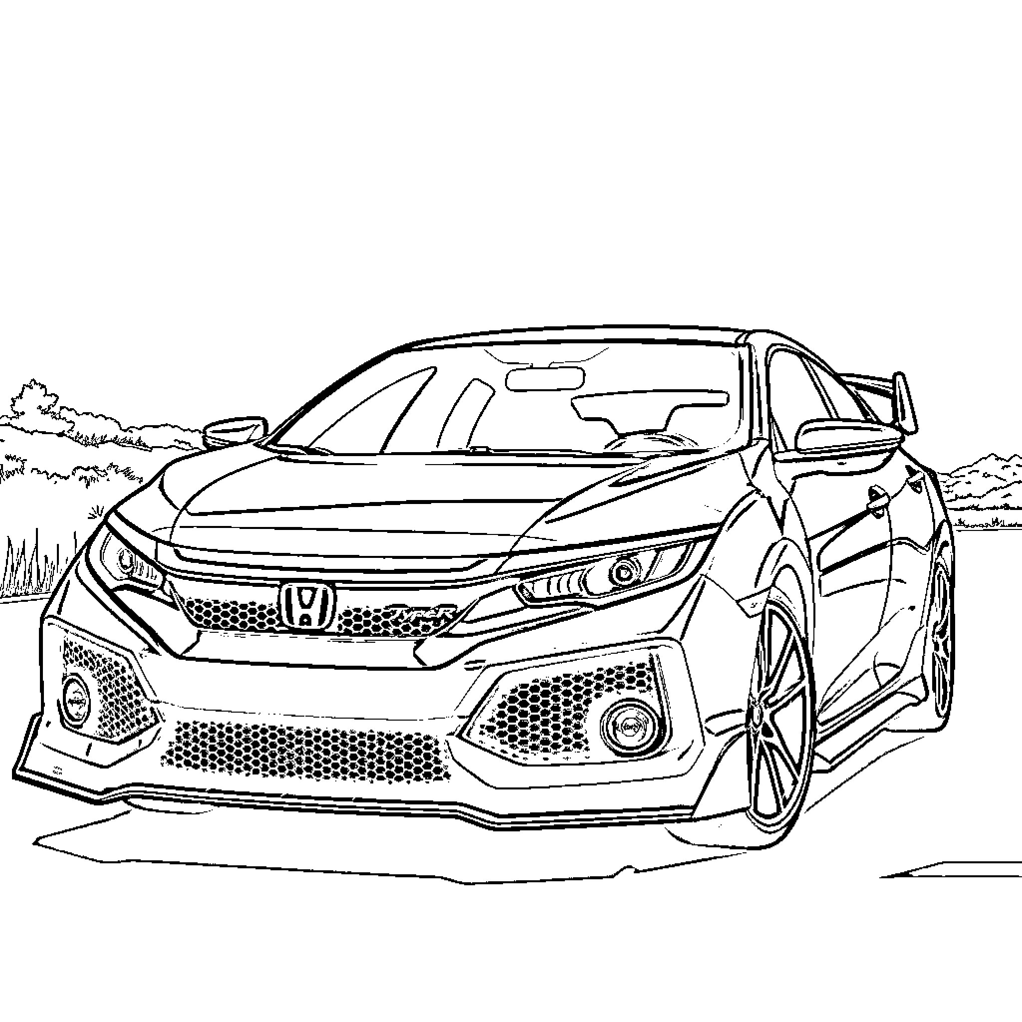 Honda Civic hatchback in a scenic outdoor setting Coloring Page (free black-and-white line drawing printable PDF for all, from beginners to advanced learners, including children, teens, adults, and seniors)