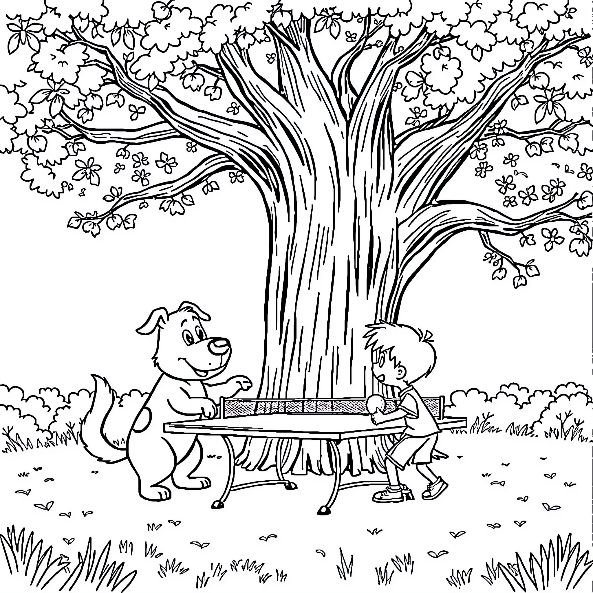 Boule et Bill enjoying a relaxing day in the park Coloring Page (free black-and-white line drawing printable PDF for all, from beginners to advanced learners, including children, teens, adults, and seniors)