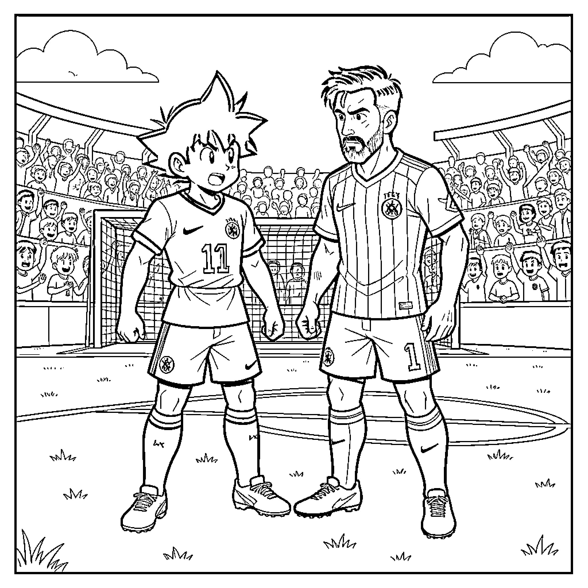 Piccolo soccer players standing on a field with crowd Coloring Page (free black-and-white line drawing printable PDF for all, from beginners to advanced learners, including children, teens, adults, and seniors)