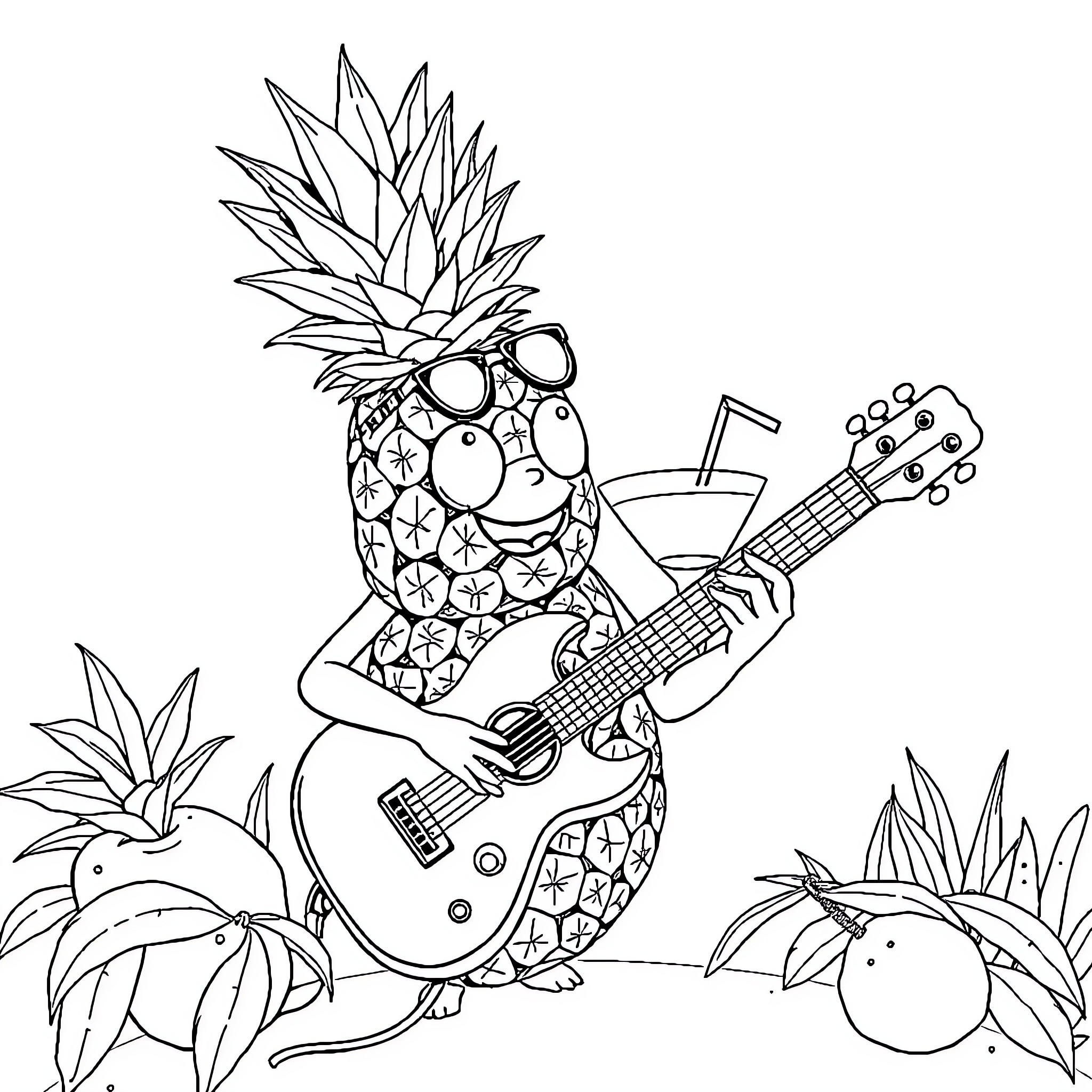 Pineapple playing guitar surrounded by tropical plants Coloring Page (free black-and-white line drawing printable PDF for all, from beginners to advanced learners, including children, teens, adults, and seniors)