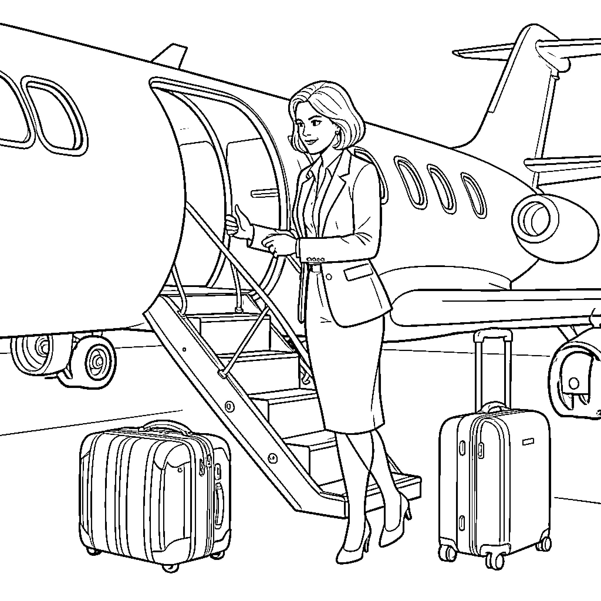 Femme d'affaires descendant les escaliers d'un jet privé Coloring Page (free black-and-white line drawing printable PDF for all, from beginners to advanced learners, including children, teens, adults, and seniors)