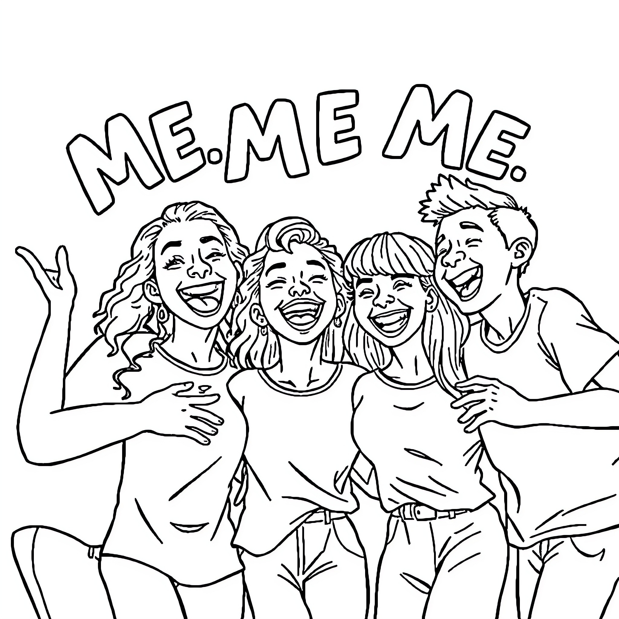 MEMEME Group of Friends Celebrating Together Coloring Page (free black-and-white line drawing printable PDF for all, from beginners to advanced learners, including children, teens, adults, and seniors)