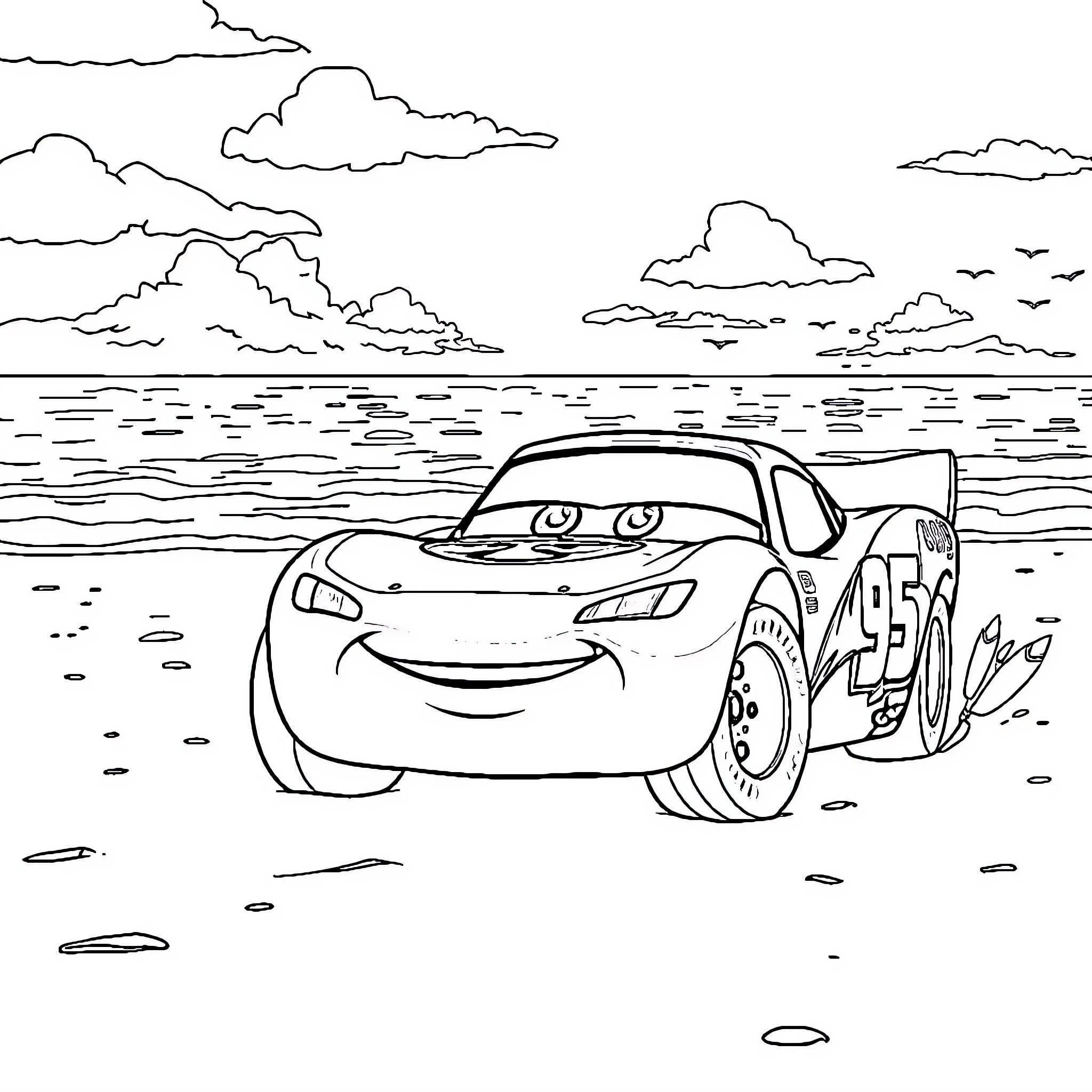 Rayo McQueen racing on the beach Coloring Page (free black-and-white line drawing printable PDF for all, from beginners to advanced learners, including children, teens, adults, and seniors)