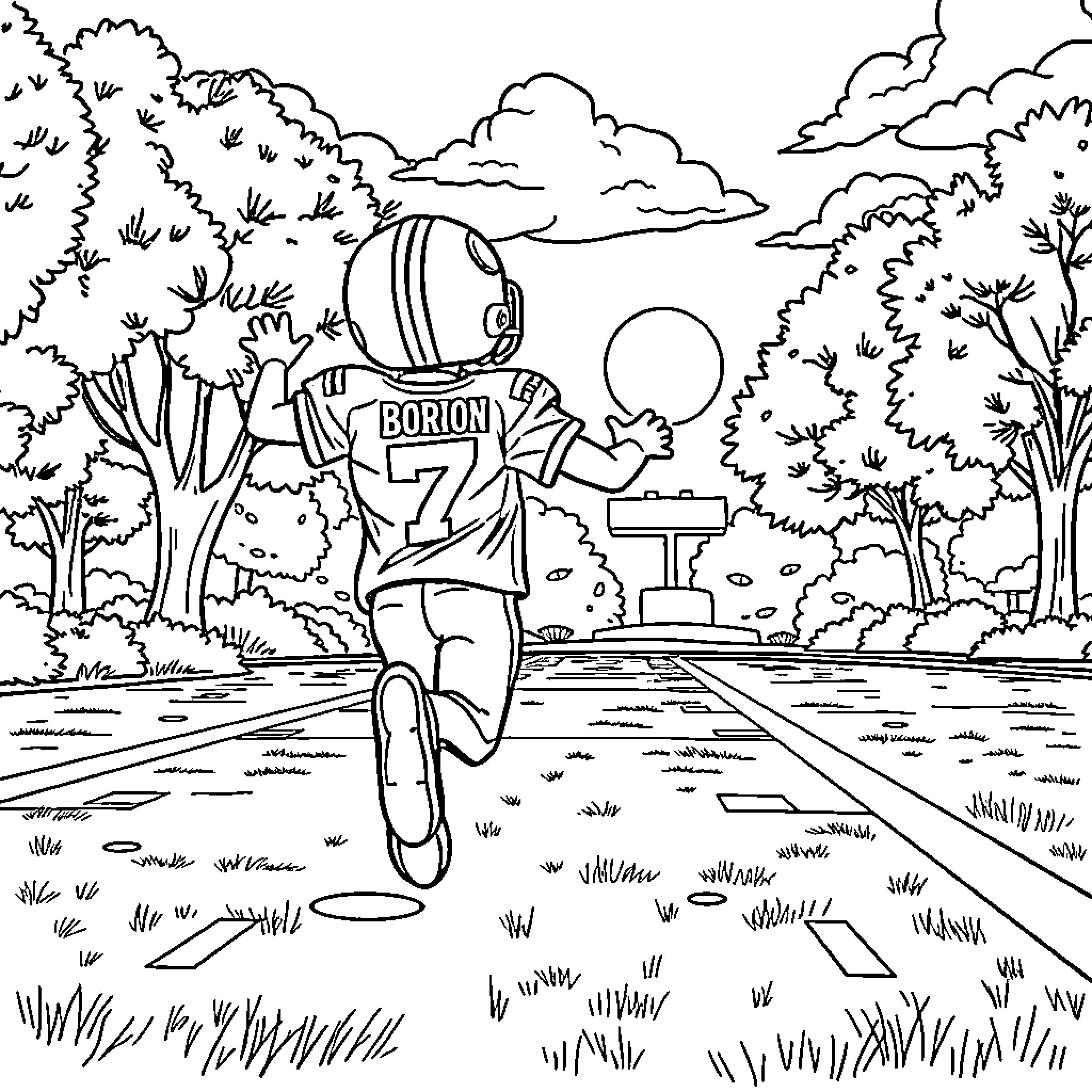 Kid exploring outdoor nature scene in astronaut suit Coloring Page (free black-and-white line drawing printable PDF for all, from beginners to advanced learners, including children, teens, adults, and seniors)