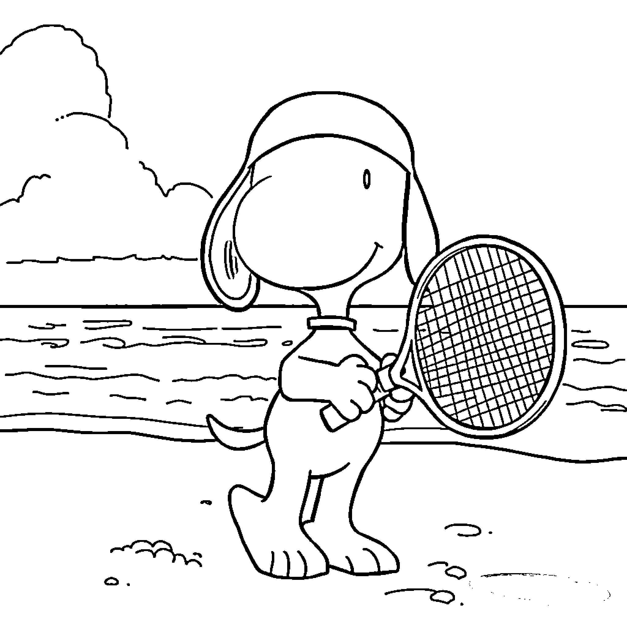 Snoopy playing tennis at the beach Coloring Page (free black-and-white line drawing printable PDF for all, from beginners to advanced learners, including children, teens, adults, and seniors)
