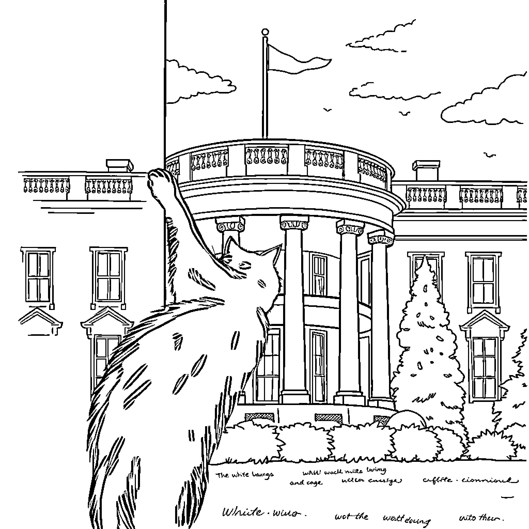Cat exploring the grand Presidential mansion Coloring Page (free black-and-white line drawing printable PDF for all, from beginners to advanced learners, including children, teens, adults, and seniors)