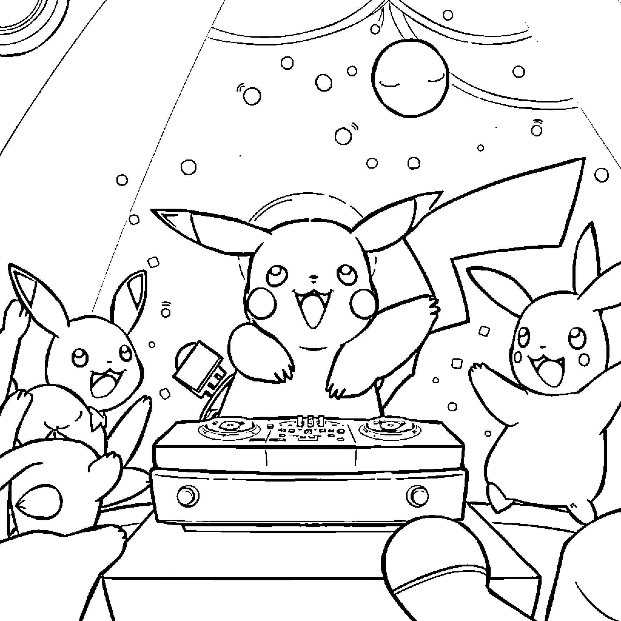 Pikachu and friends dancing and celebrating Coloring Page (free black-and-white line drawing printable PDF for all, from beginners to advanced learners, including children, teens, adults, and seniors)