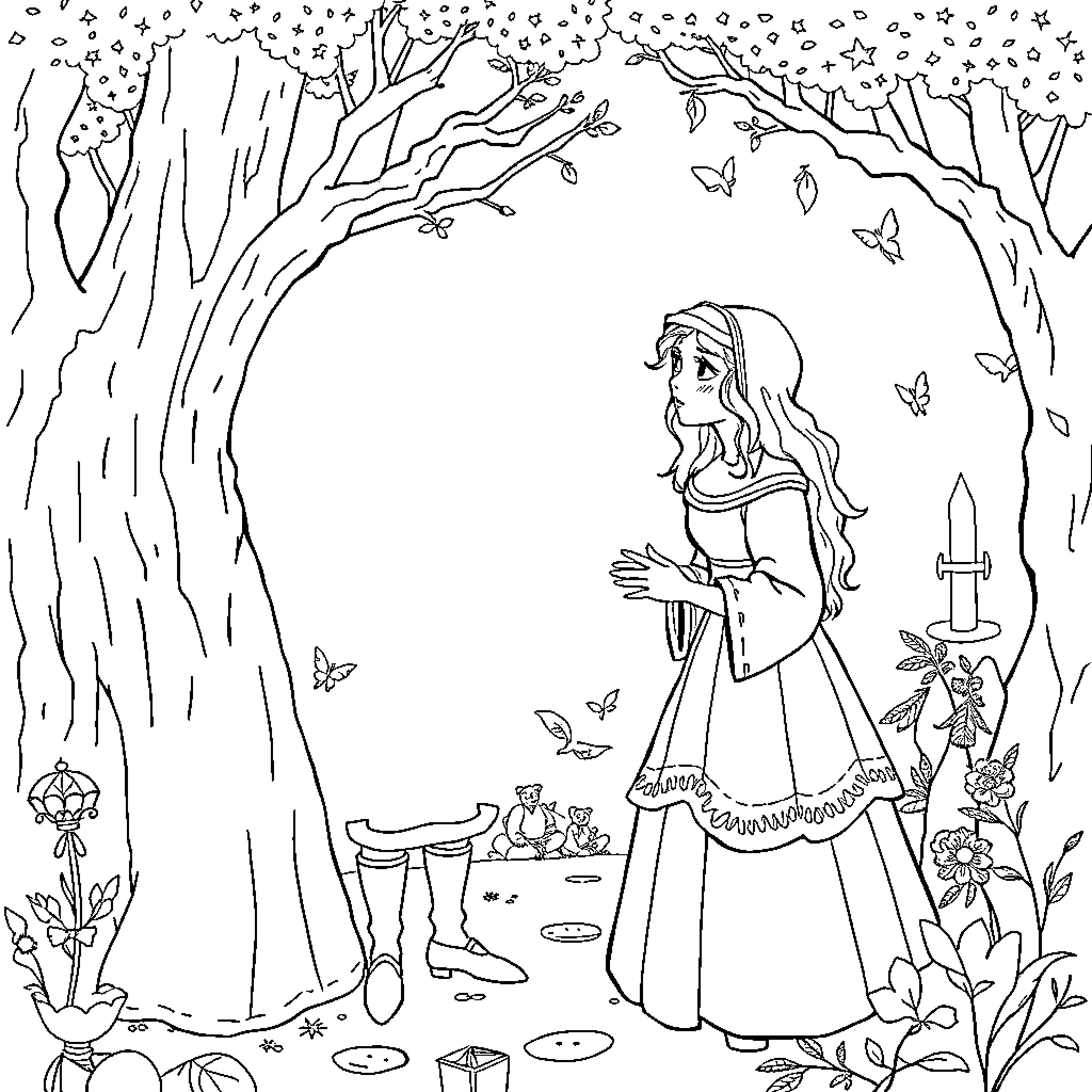 Ashputtle's enchanted forest adventure Coloring Page (free black-and-white line drawing printable PDF for all, from beginners to advanced learners, including children, teens, adults, and seniors)