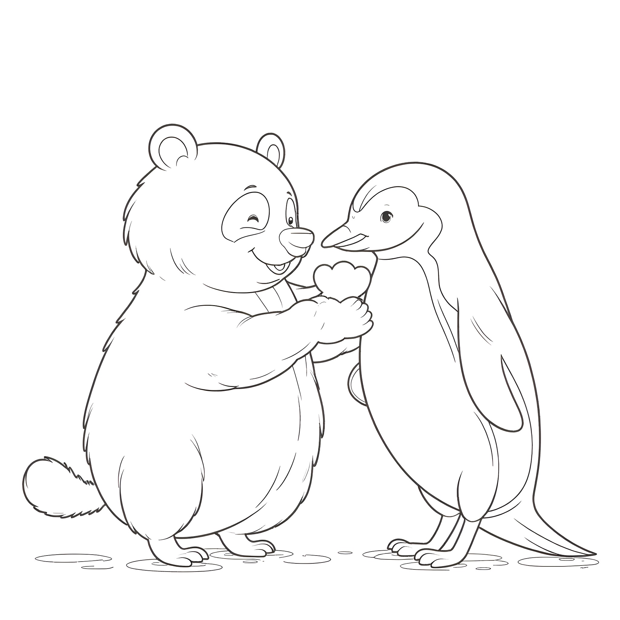 Panda and penguin sharing a heart Coloring Page (free black-and-white line drawing printable PDF for all, from beginners to advanced learners, including children, teens, adults, and seniors)